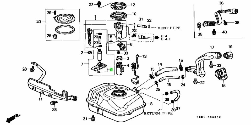 Technical diagram of a fuel filter for Honda Acty Truck HA6, HA7 models (1999-2009), showcasing parts and connections.