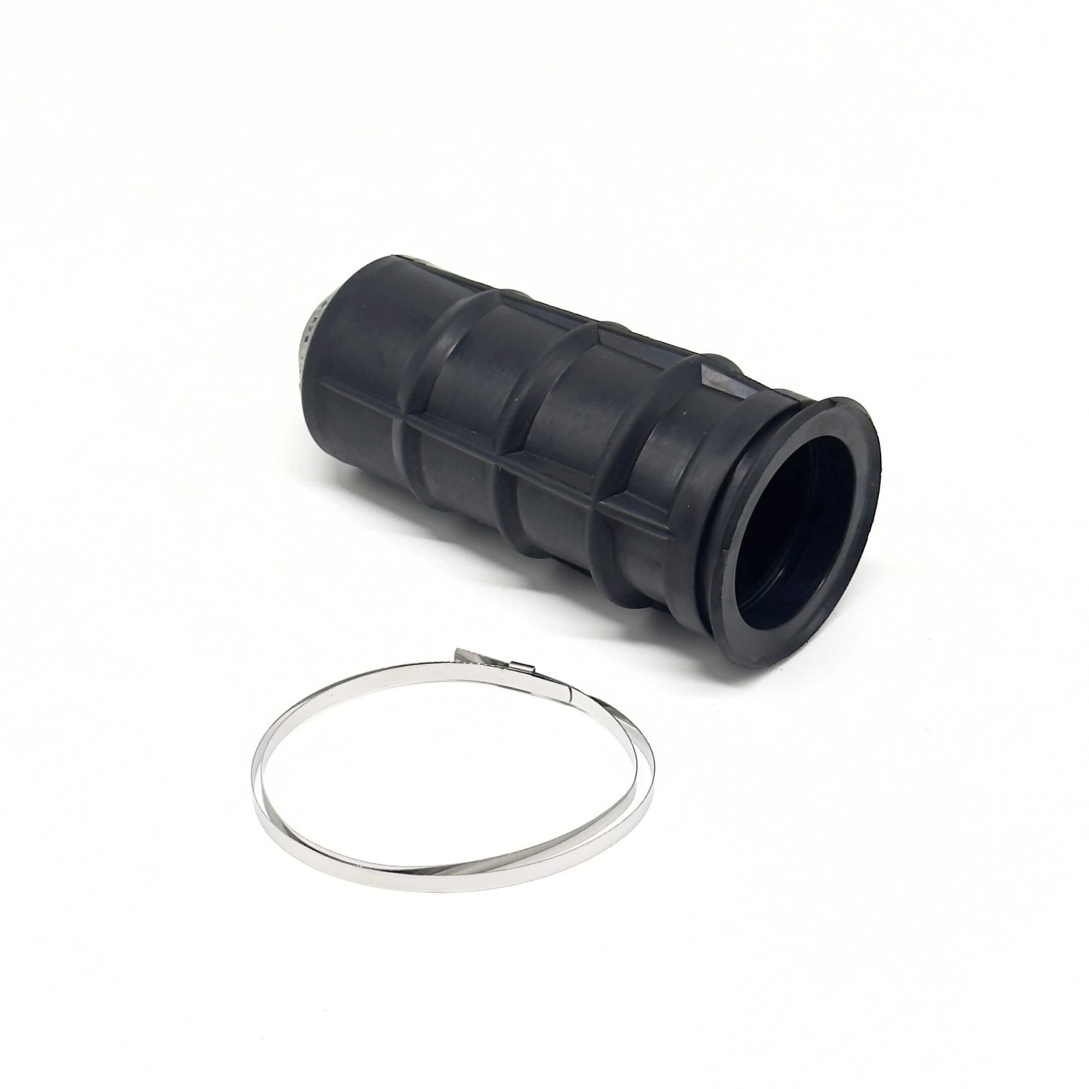 Black steering rack boot with clamp for Subaru Sambar Van TV1, TV2 models, 1999-2012, right-hand side.