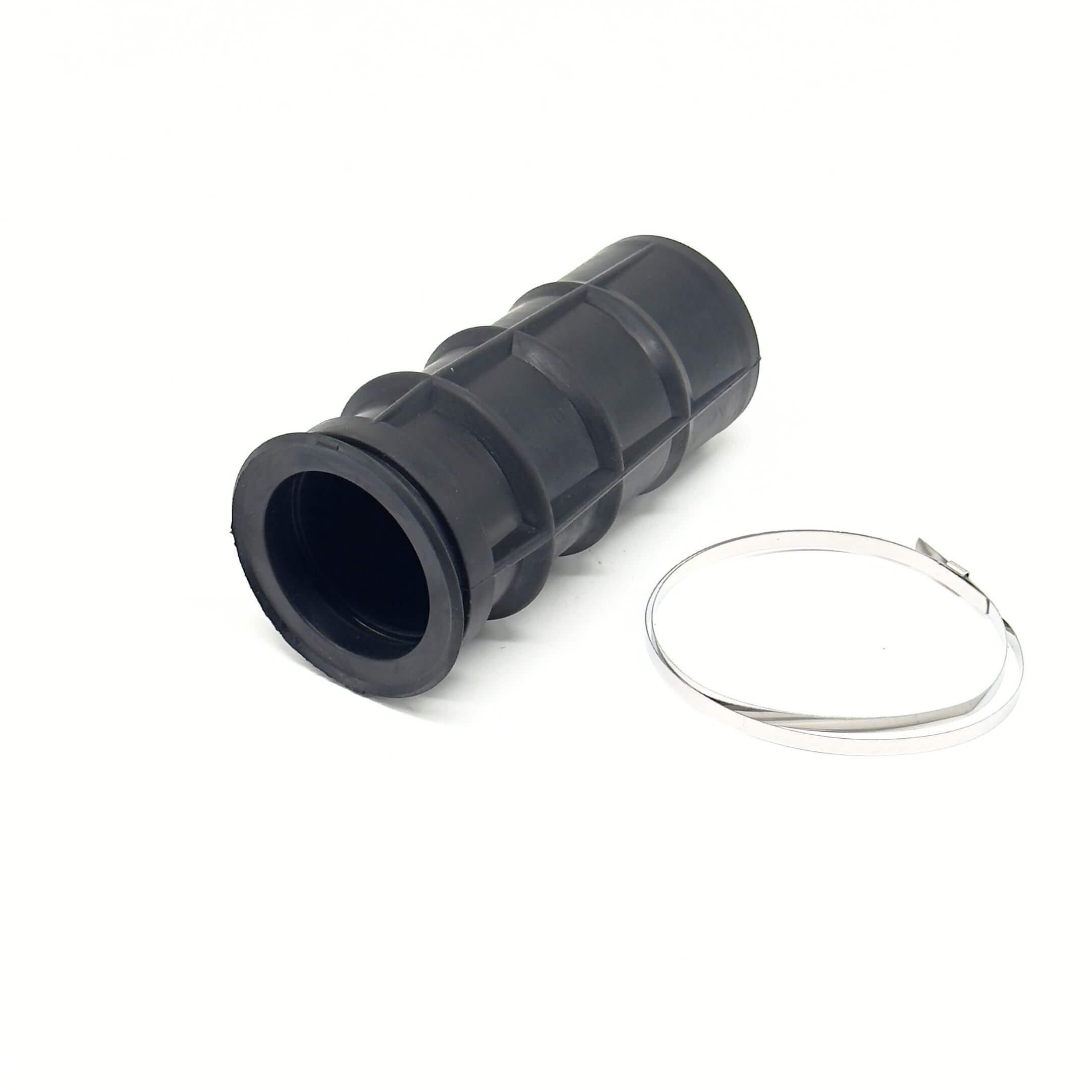 Black rubber steering rack boot for Subaru Sambar Truck TT1, TT2 models (1999-2012) with included metal clamp.