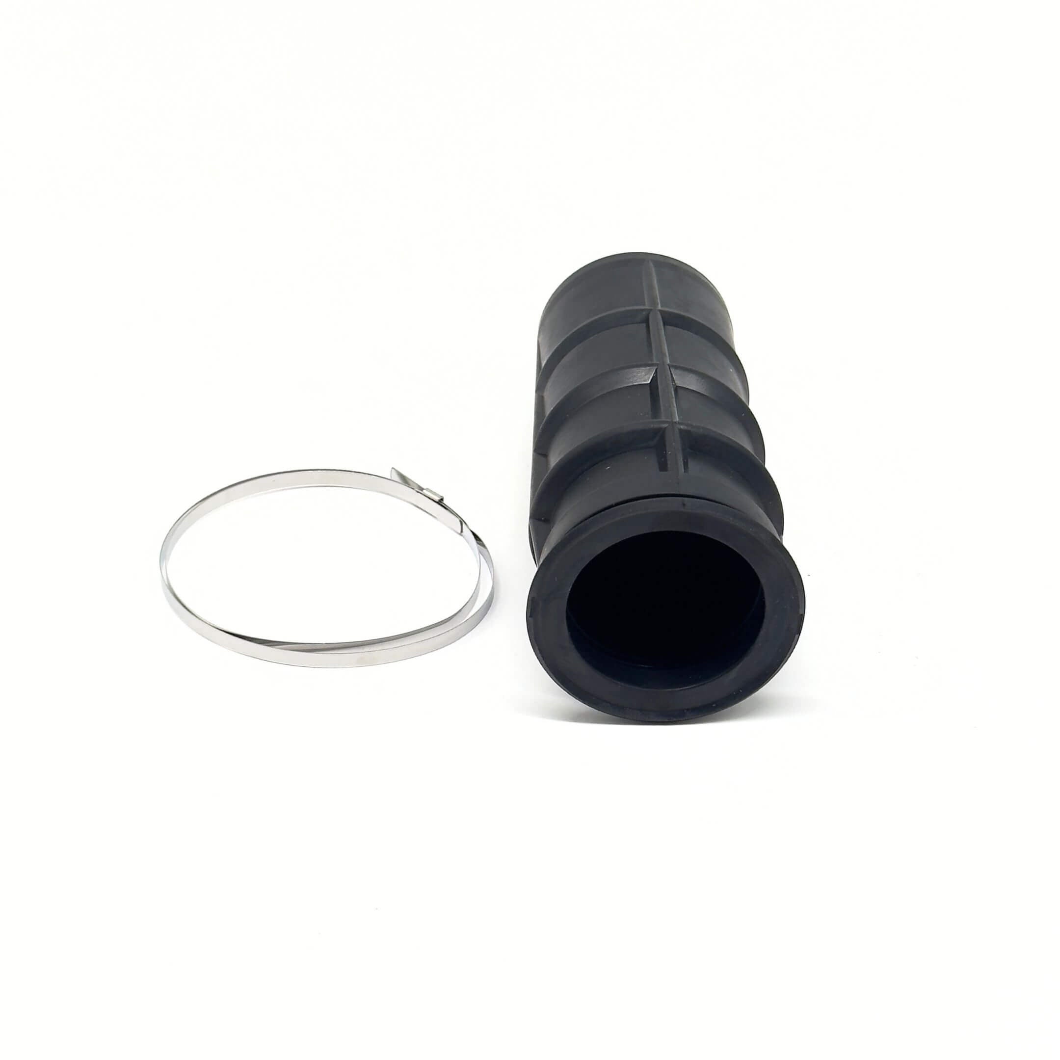 Black rubber steering rack boot with metal clamp for Subaru Sambar Truck TT1, TT2 models, 1999-2012, right-hand side.