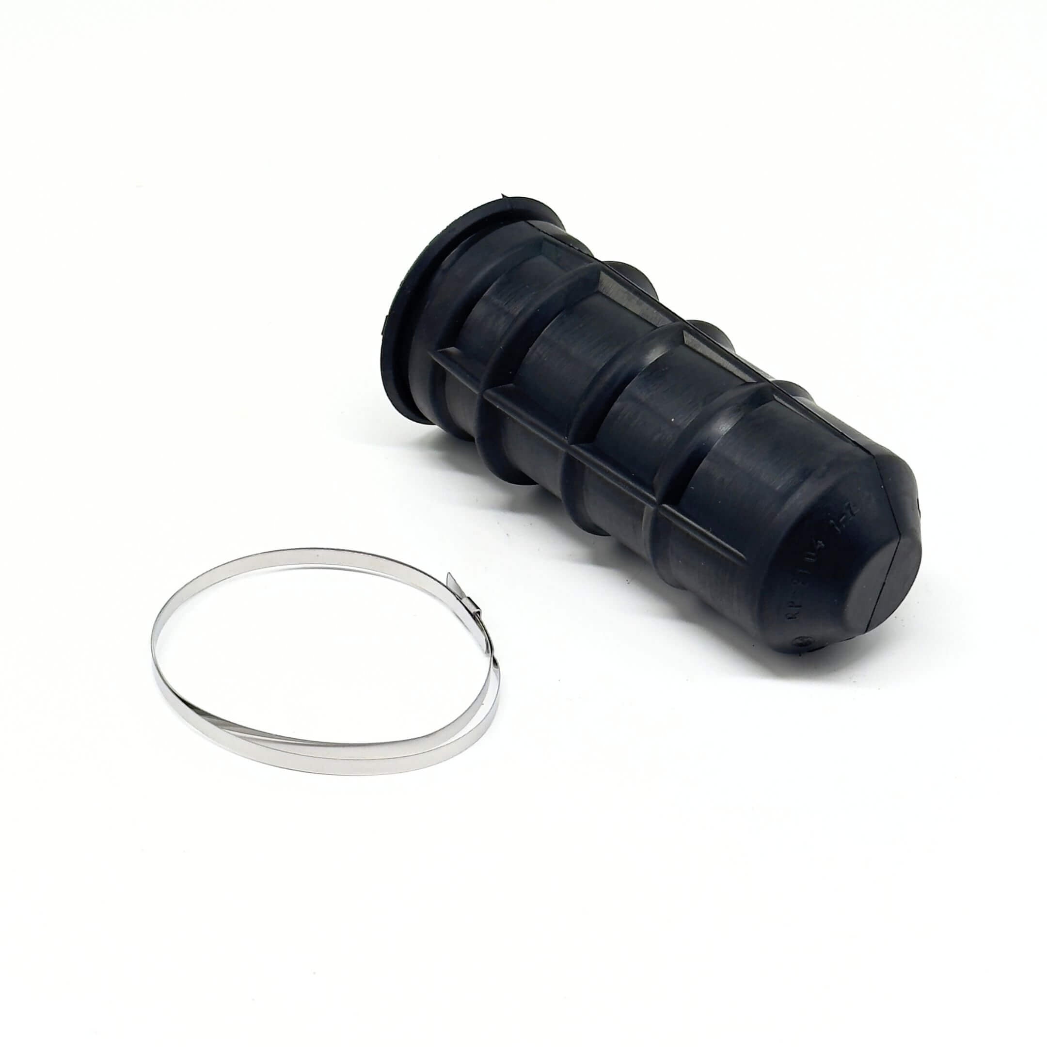 Black rubber steering rack boot for RH Subaru Sambar Truck TT1, TT2 models (1999-2012) with metal clamp included.