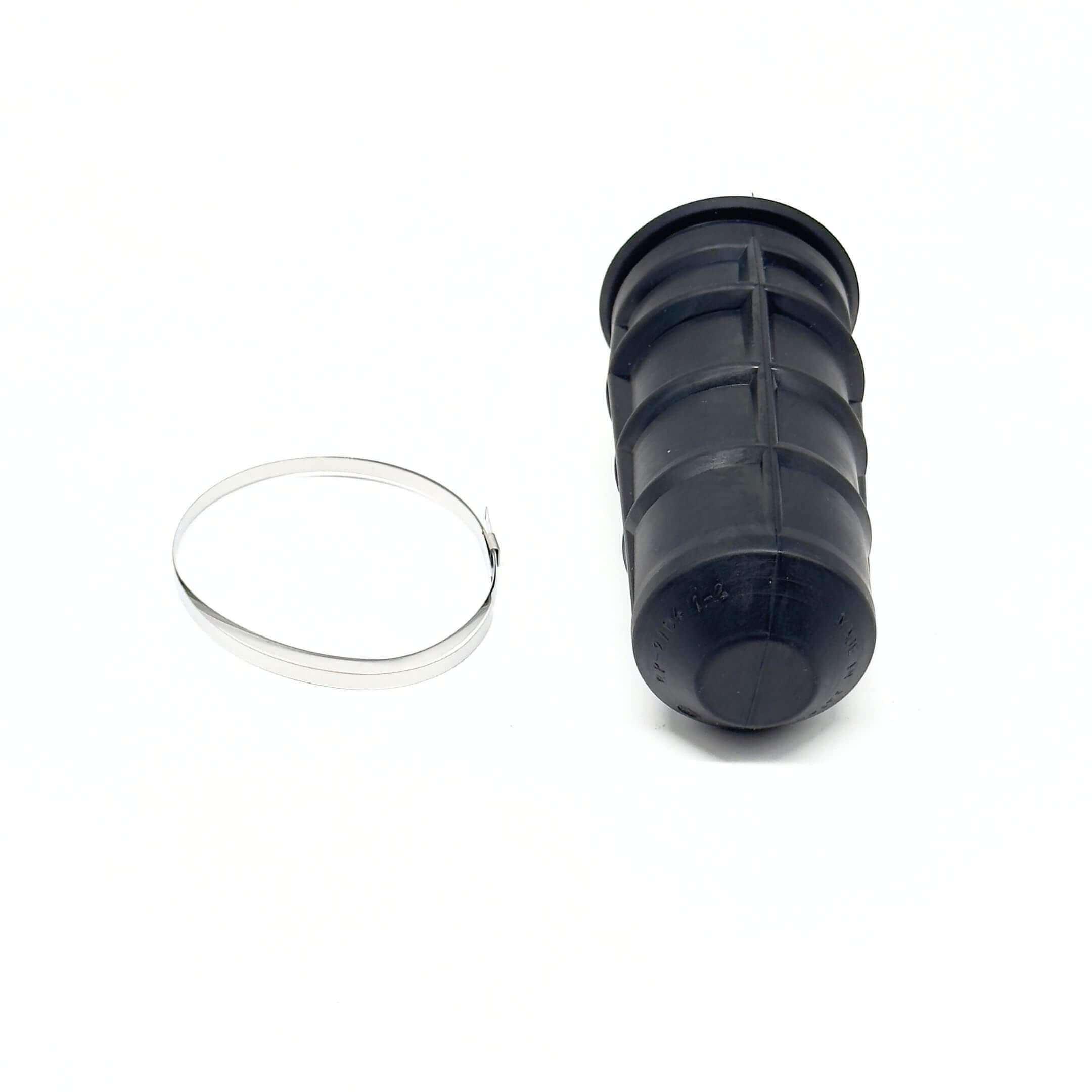 Black rubber steering rack boot with metal clamp for Subaru Sambar Truck TT1, TT2 models, 1999-2012, right-hand side.