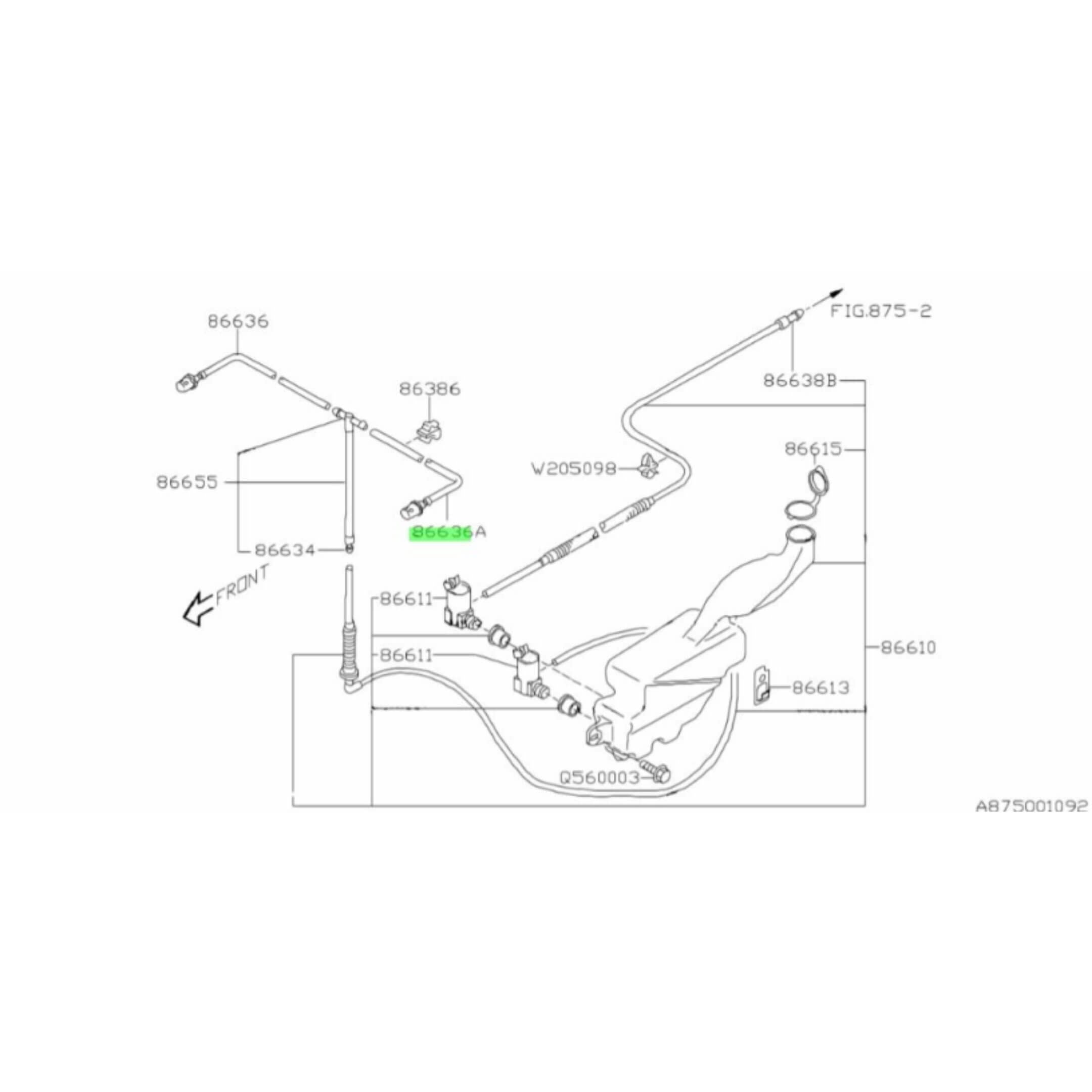 Windshield Washer Nozzle & Hose Assembly for Subaru Sambar Van TV1, TV2 Models (1999-2012) featuring detailed schematic layout and part numbers.