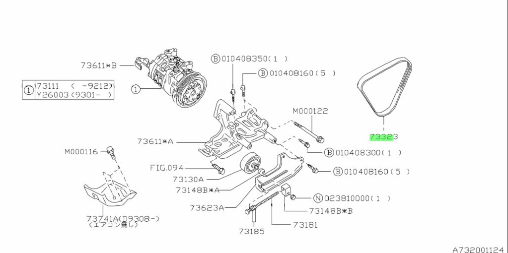 Technical diagram showing placement of Subaru Sambar KS3, KS4 Supercharger Belt for EN07Y engine, supercharged with air conditioning.