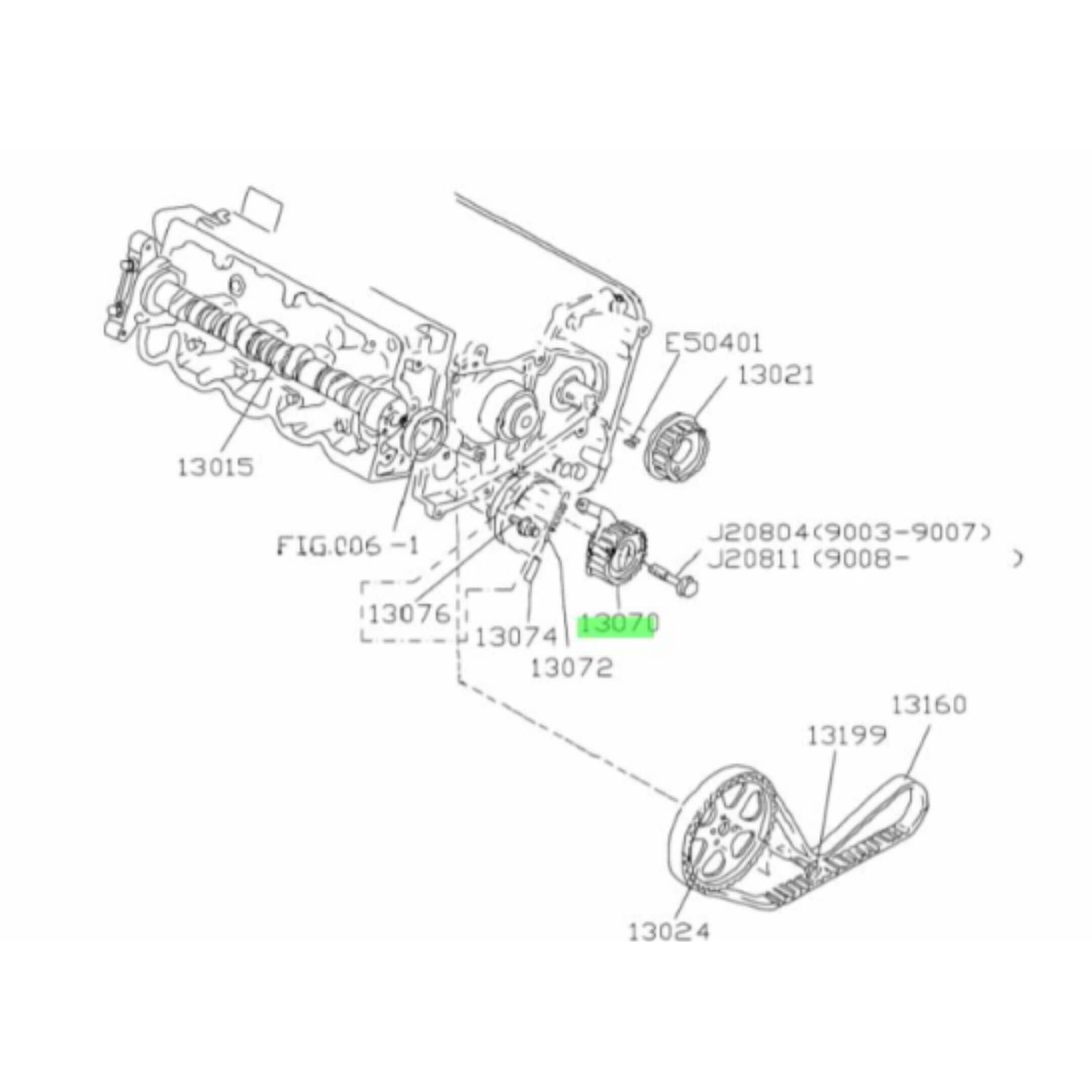 Technical diagram of a tensioner pulley for Subaru Sambar Wagon TW1, TW2 models (1999-2012), highlighting part number 13070.