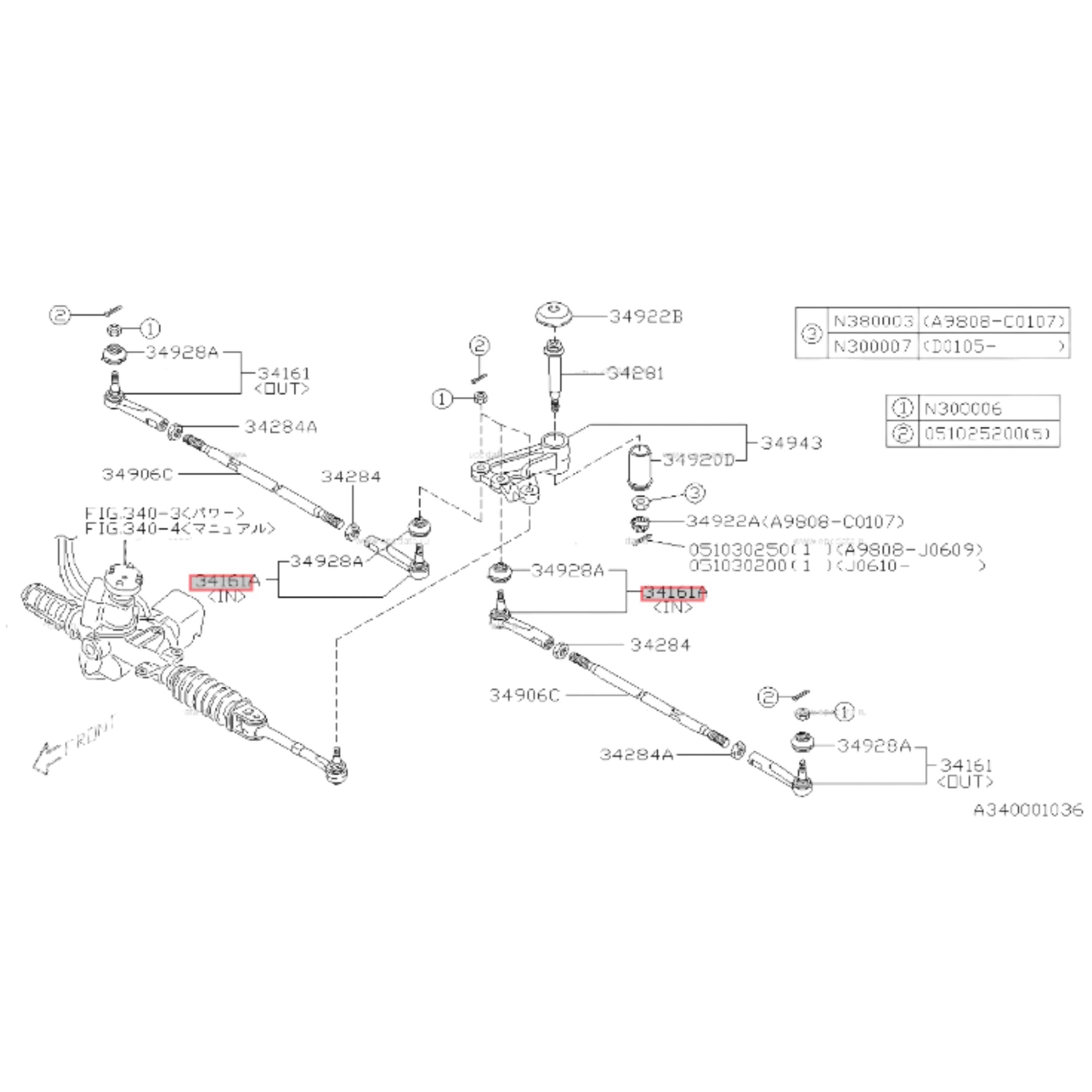 Technical diagram of a Genuine Subaru Sambar Van TV1, TV2 Tie Rod End RH, Inner or Outer, for models 1999-2012, showcasing detailed parts layout.