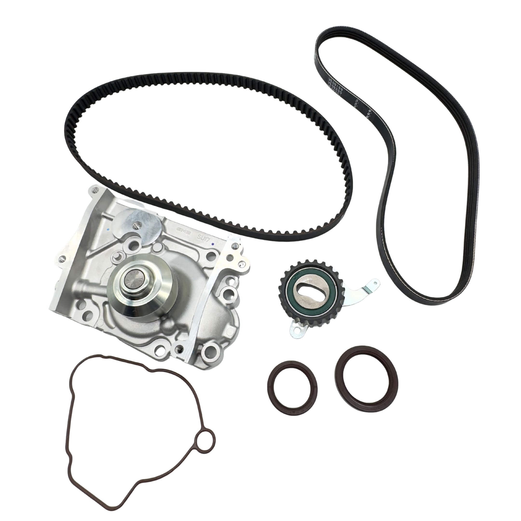 Timing Belt Kit - 6 Piece for Subaru Sambar Van TV1, TV2 Models (1999-2012) featuring black belts, metal components, and gaskets.