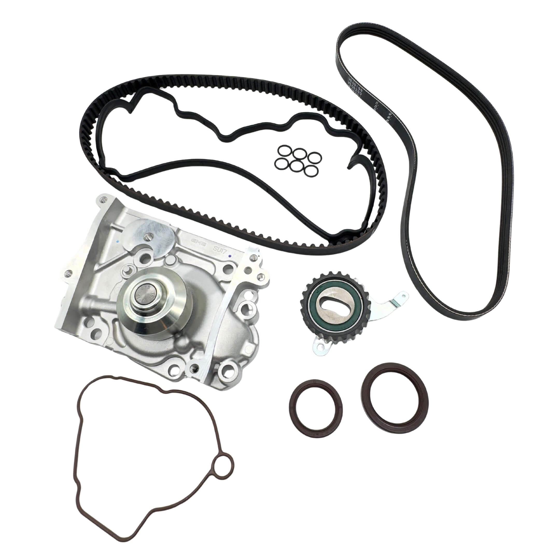 Timing Belt Kit - 8 Piece for Subaru Sambar Van TV1, TV2 Models (1999-2012) featuring black belts, gaskets, and metal components.