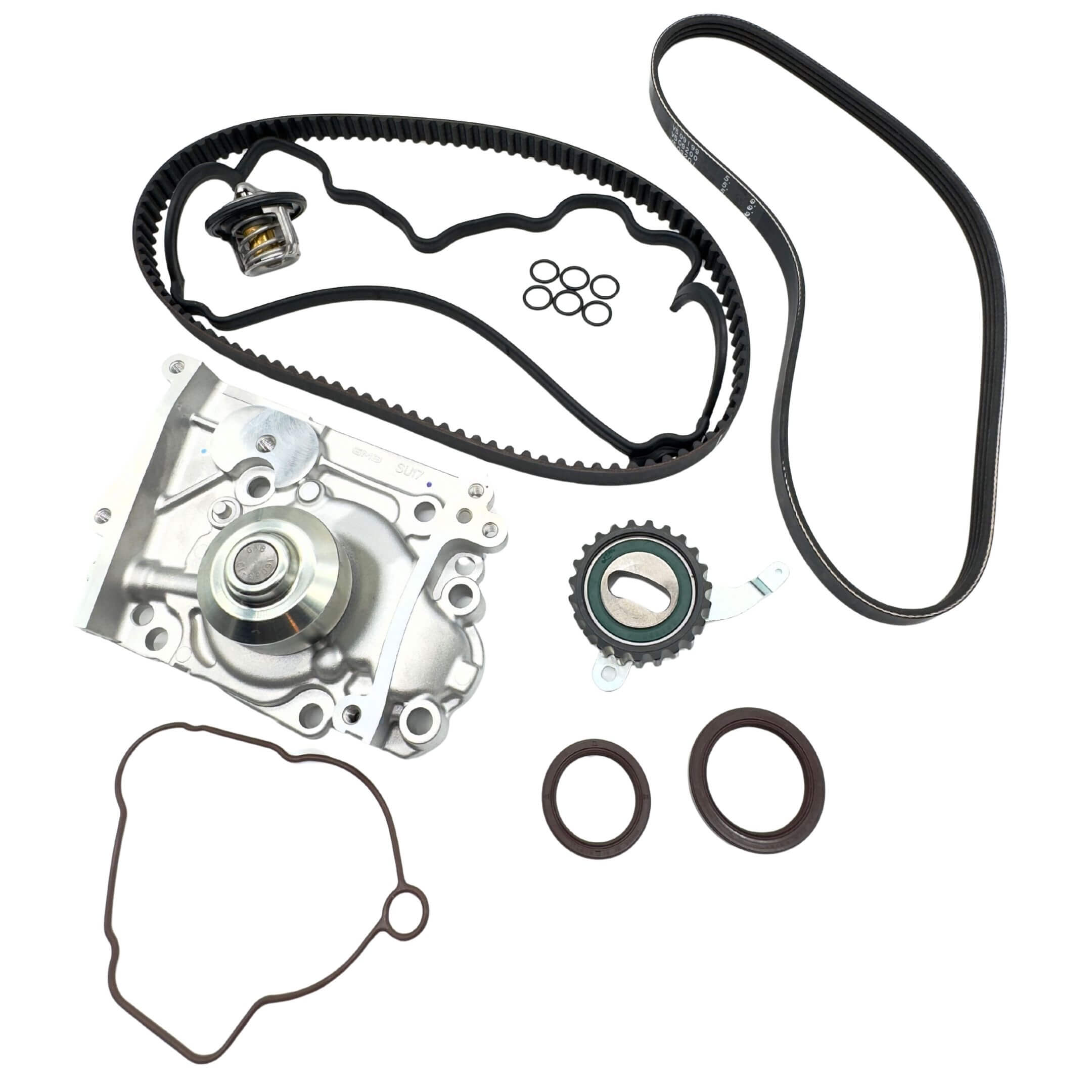 Timing Belt Kit - 9 Piece for Subaru Sambar Van TV1, TV2 Models (1999-2012) featuring black belts, metal components, and gaskets.