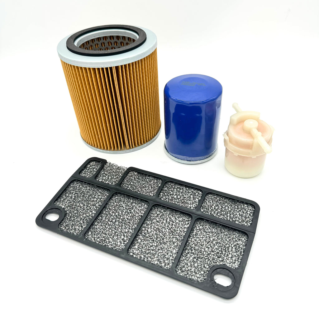 Honda Acty Truck HA3, HA4 (1990-1999) complete filter set with premium oil, air, fuel, and AC filters, ready for easy installation to maintain optimal vehicle performance, displayed on white background.