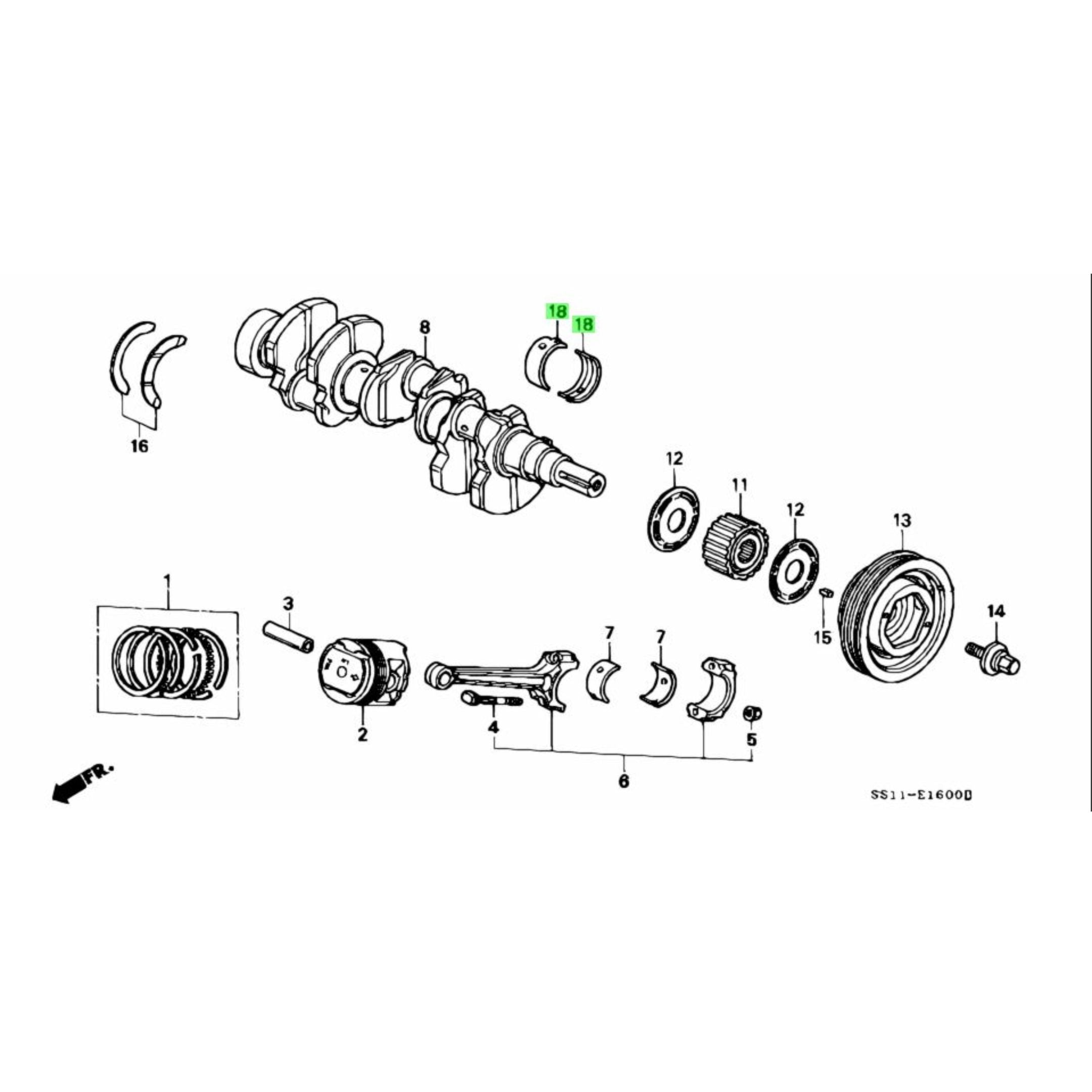 Exploded view diagram of Honda Acty Truck engine showcasing the placement of Crank Shaft Bearings.