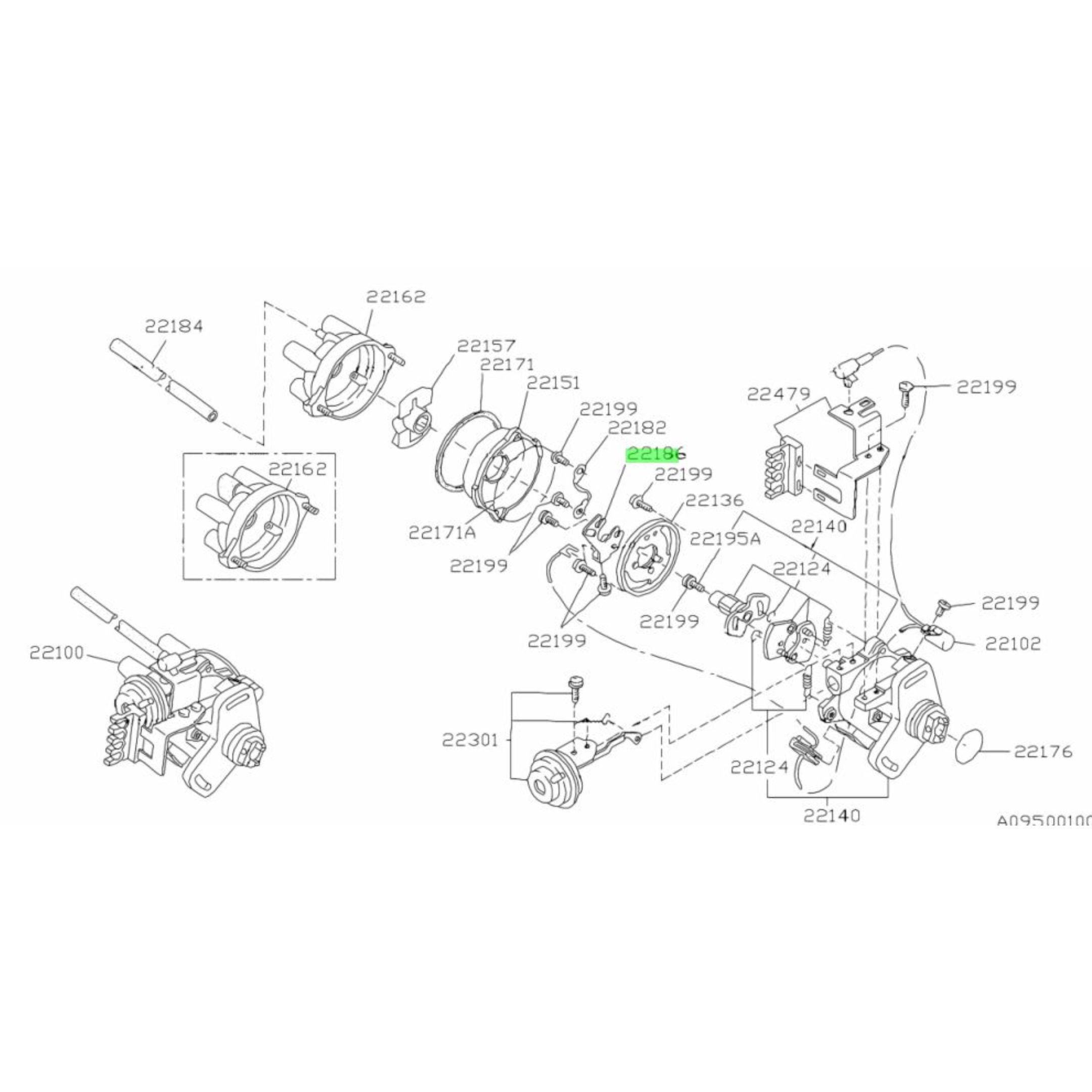 Illustrated diagram showing the position of the Points Assembly in the Subaru Sambar ignition system (PN: 22186).