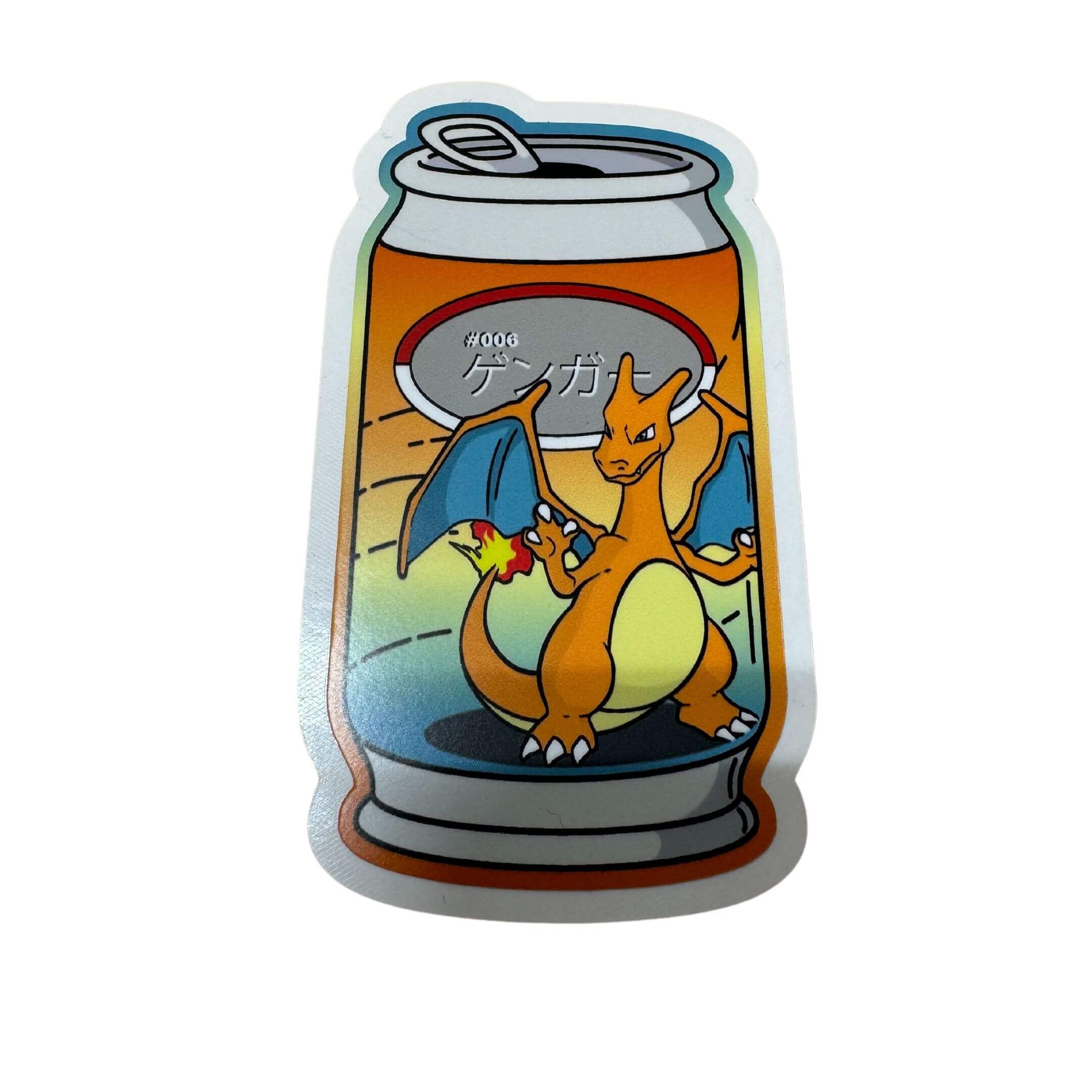 Charizard Pokémon sticker with vibrant orange soda can design, featuring durable 2x3.5 inch vinyl for customizing Japanese mini trucks and accessories.