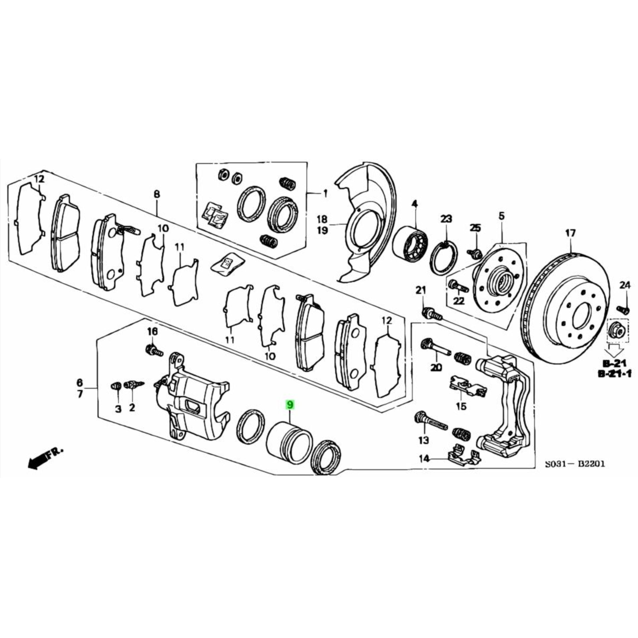 Technical diagram of Brake Caliper Piston Set for Honda Acty Van HH5, HH6 models (1999-2009), featuring detailed components and assembly layout.