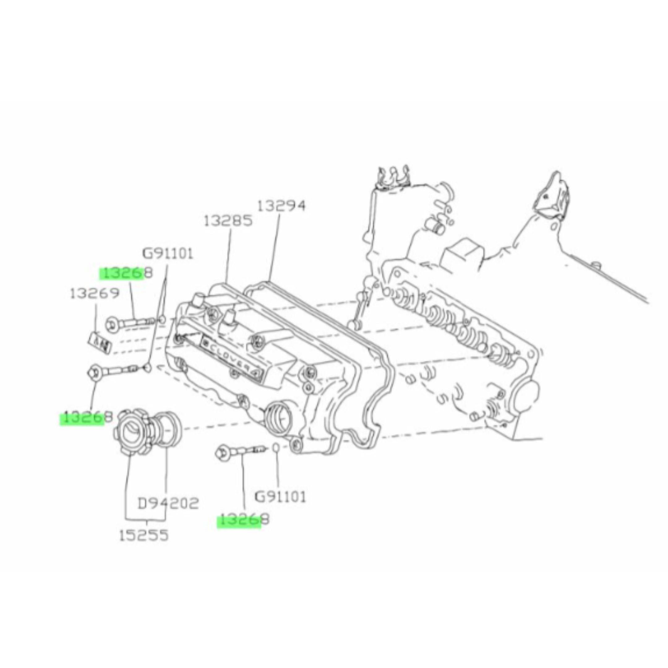 Technical diagram of Valve Cover Bolt Set for Subaru Sambar Van TV1, TV2 Models (1999-2012), highlighting key components and assembly layout.