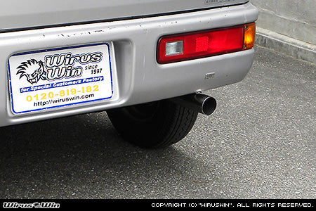 Wirus Win Compact Muffler Racing Type, stainless steel exhaust for Honda Acty Van HH5, model years 1999-2010, shown installed on vehicle.