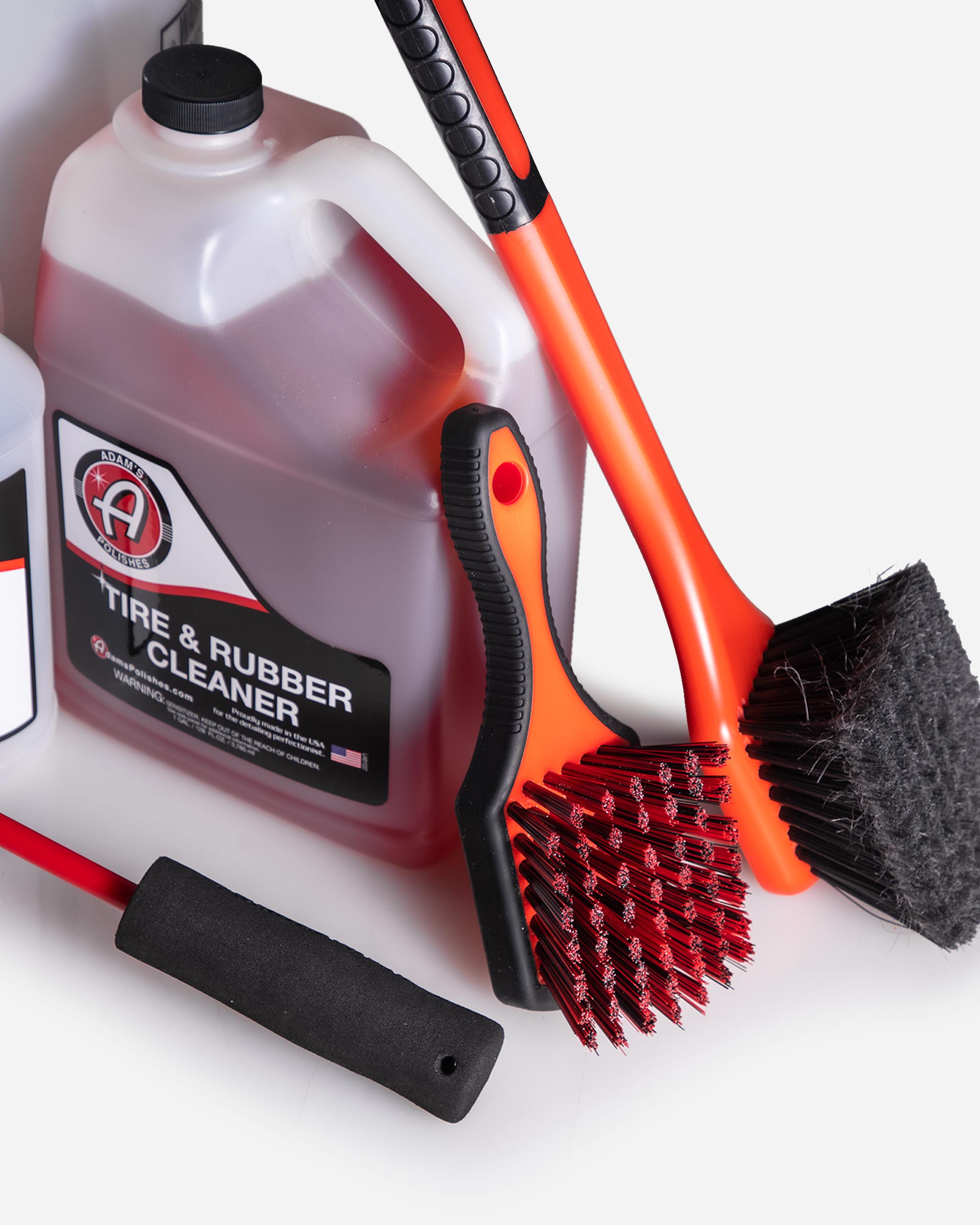 Adam’s Polishes Tire & Rubber Cleaner in the Best Wheel Cleaner kit, accompanied by ergonomic brushes designed to remove brake dust and tire oxidation while protecting aftermarket and delicate wheel surfaces.