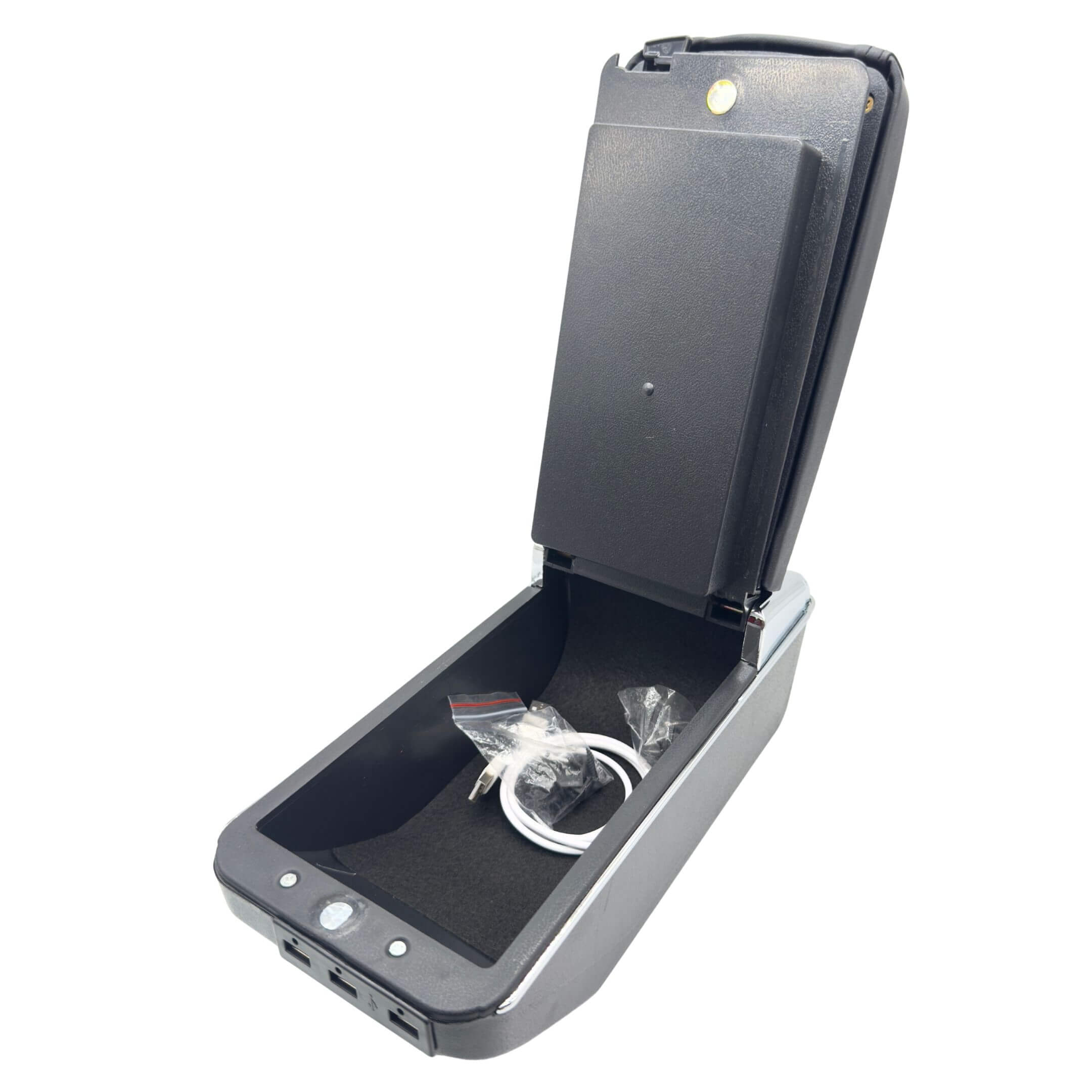 Armrest Console with USB Ports for Subaru Sambar Truck TT1, TT2 Models (1999-2012), featuring a spacious storage compartment and sleek black design.