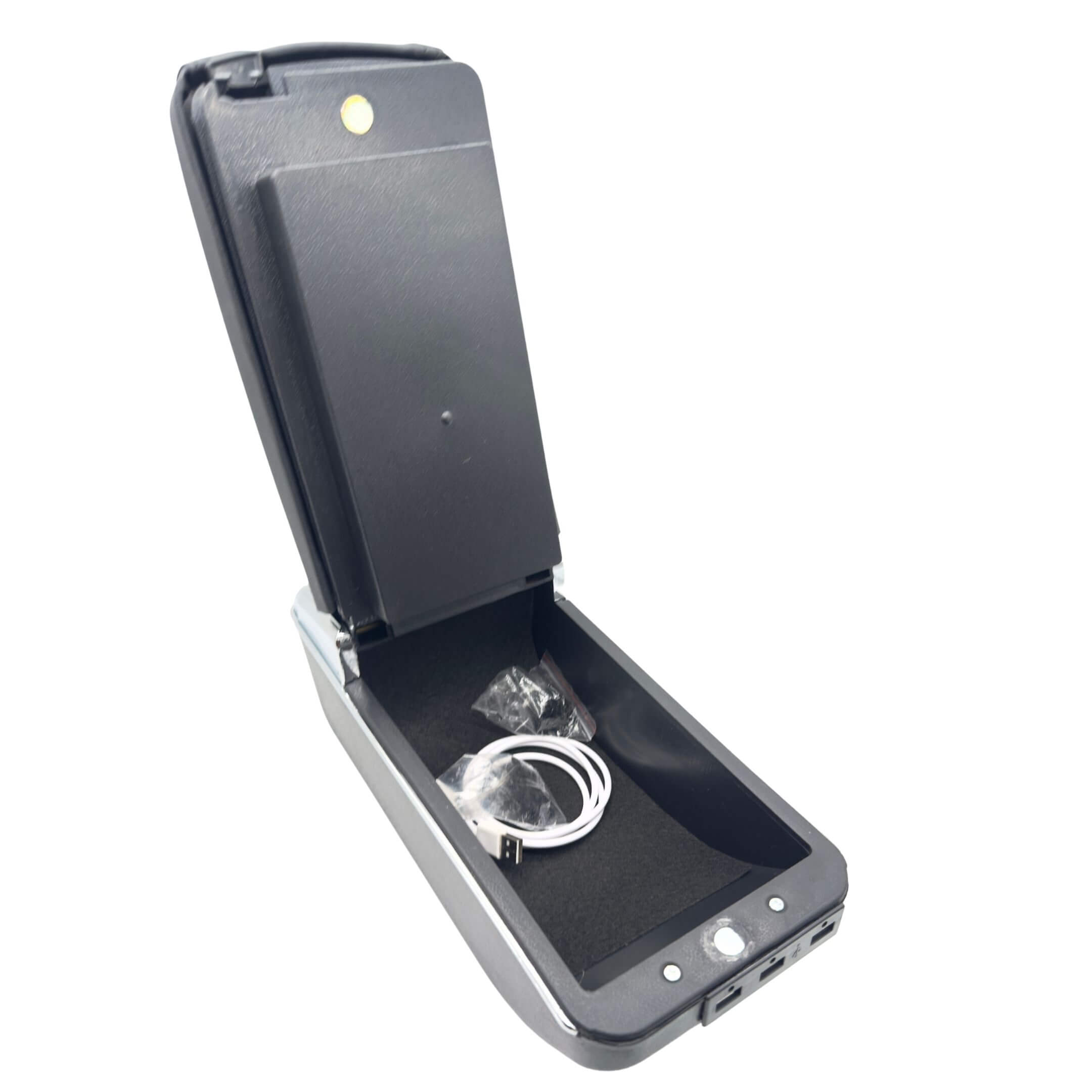 Armrest Console with USB Ports for Subaru Sambar Truck TT1, TT2 Models (1999-2012) featuring a sleek design and convenient storage compartment.