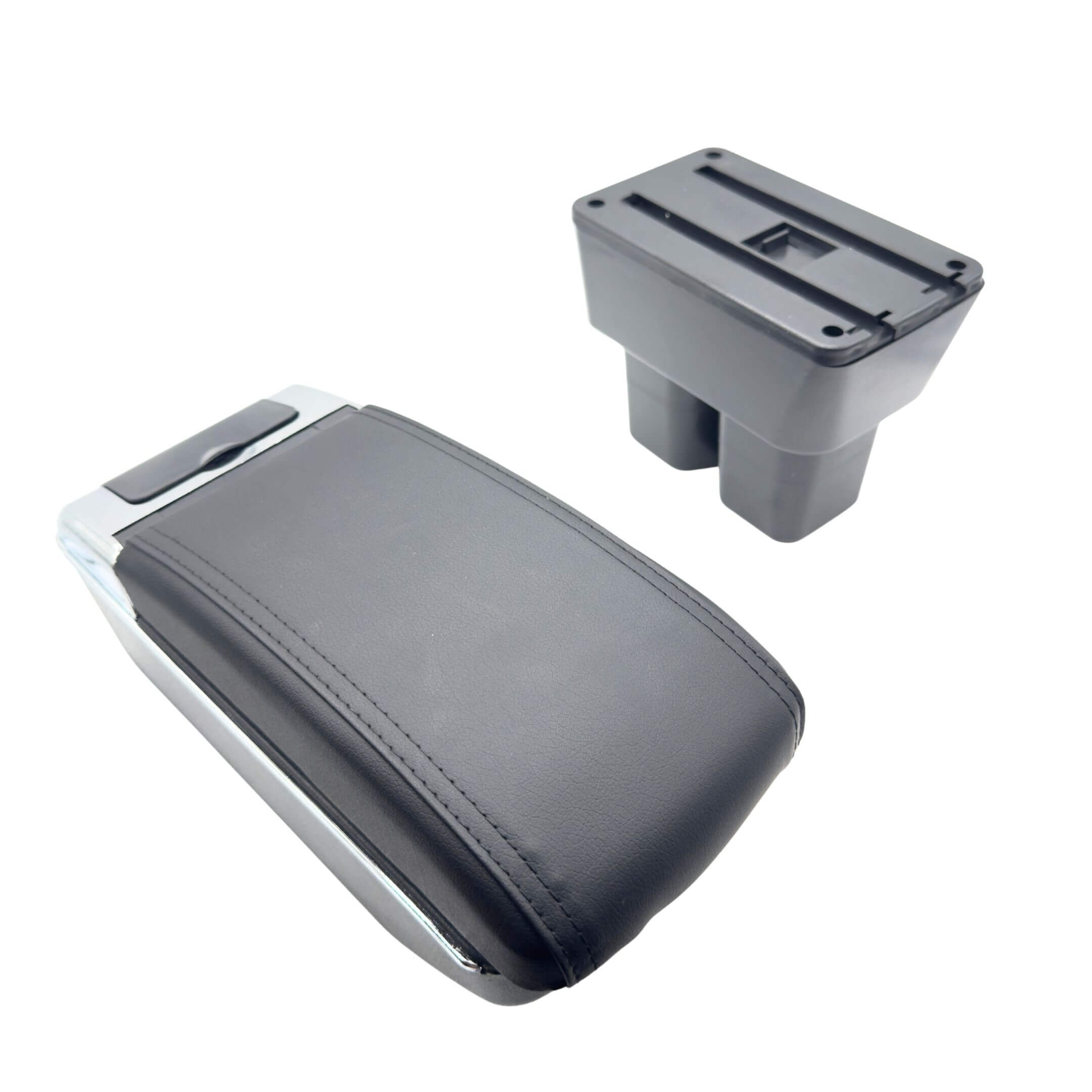 Armrest Console with USB Ports for Subaru Sambar Truck TT1, TT2 Models (1999-2012) featuring sleek black design and dual cup holder base.