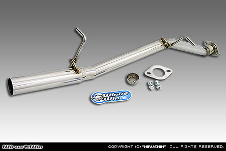 Wirus Win Racing Muffler for Suzuki Carry Truck models GD-DA52T, GD-DB52T, LE-DA62T, LE-DA63T (1999-2005), featuring a polished stainless steel finish with installation components.