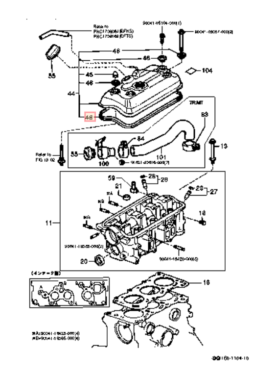 Diagram showing valve cover gasket placement on EF-ES engine for Daihatsu Hijet Truck S100P, S110P, S120, S130