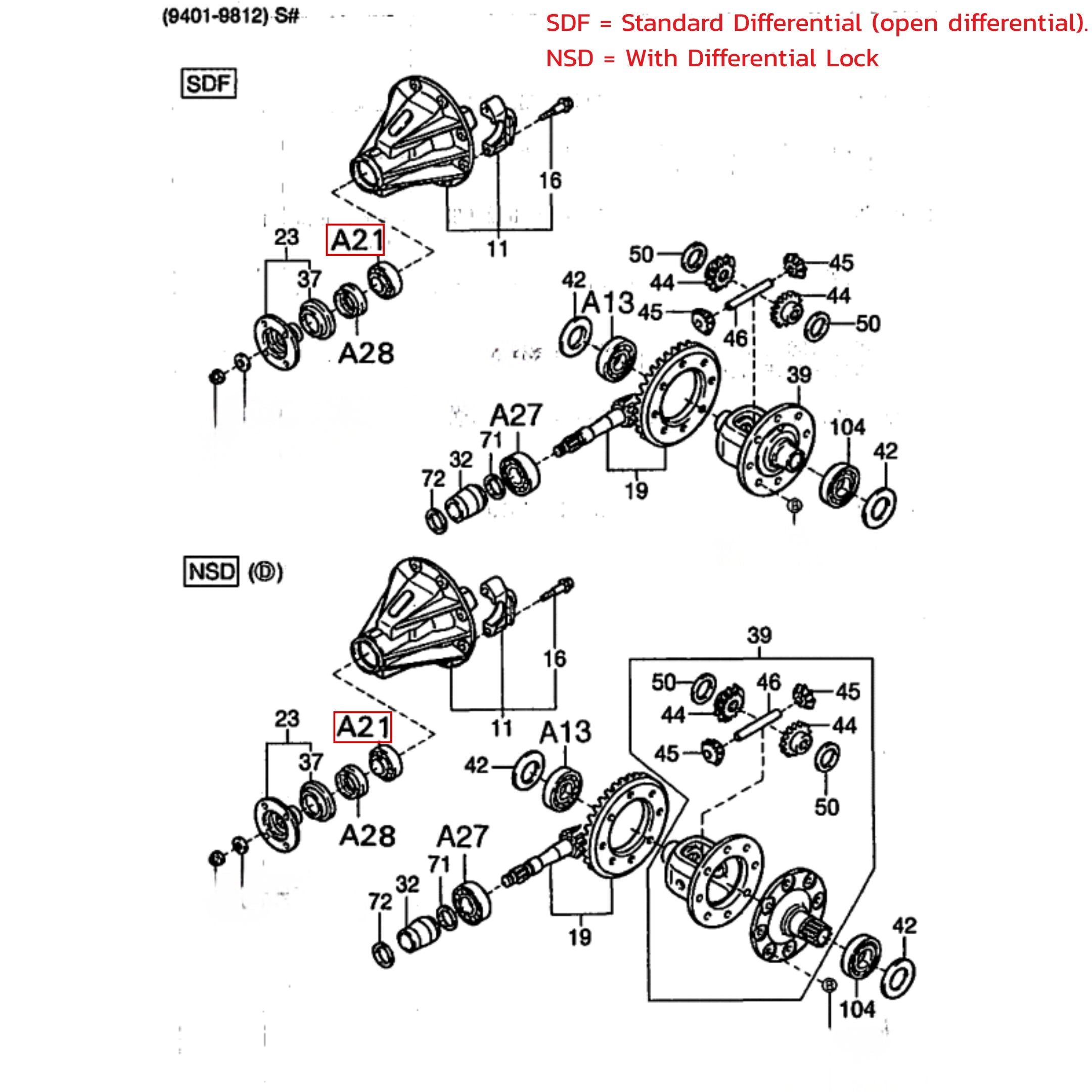 Differential Front Pinion Tapered Rolled Bearing for Daihatsu Hijet S100-S130 models (1994-1998) featuring detailed assembly diagram for rear axle housing and differential.