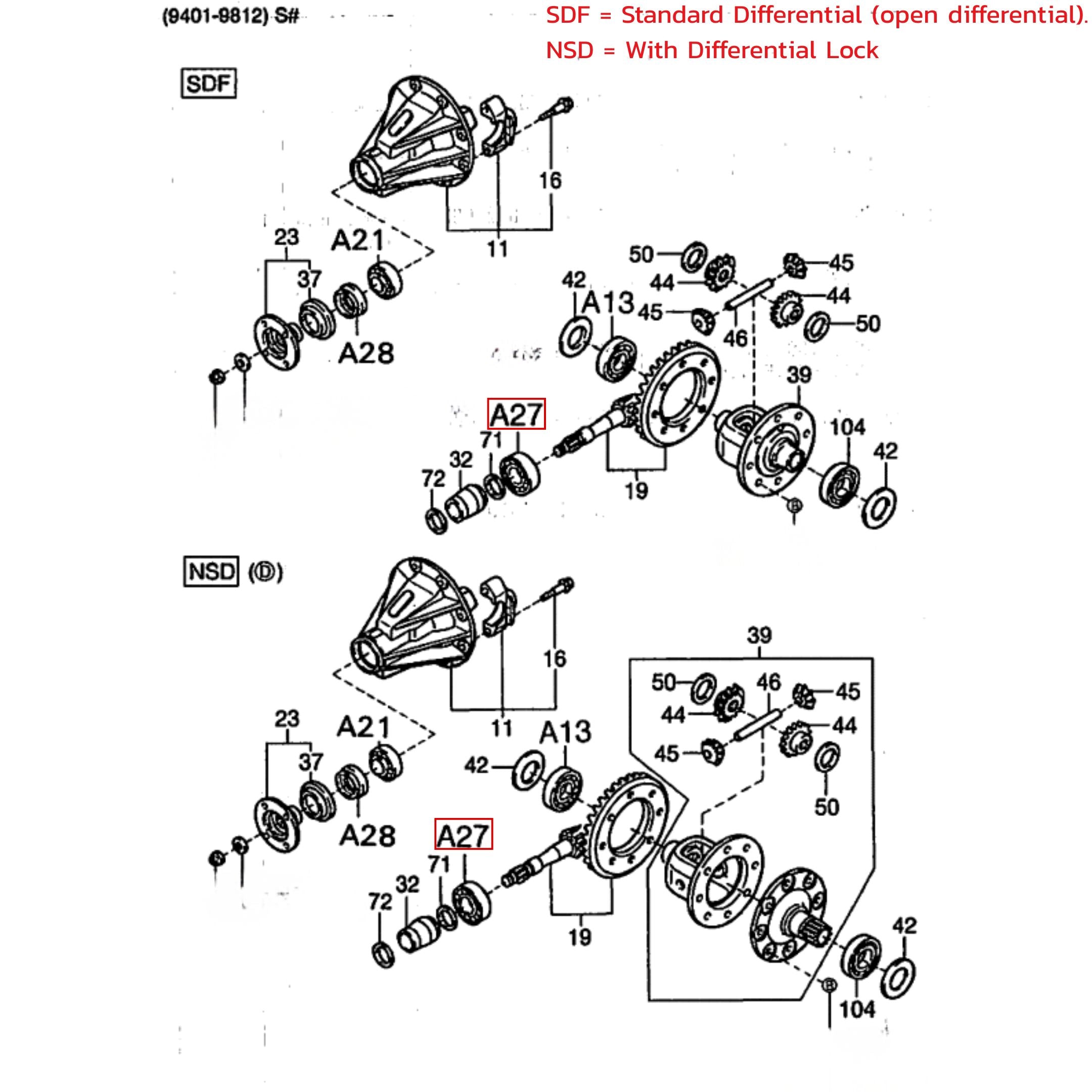 Differential Rear Pinion Tapered Rolled Bearing for Daihatsu Hijet S100-S130 models (1994-1998) with detailed assembly diagram showing standard and differential lock configurations.