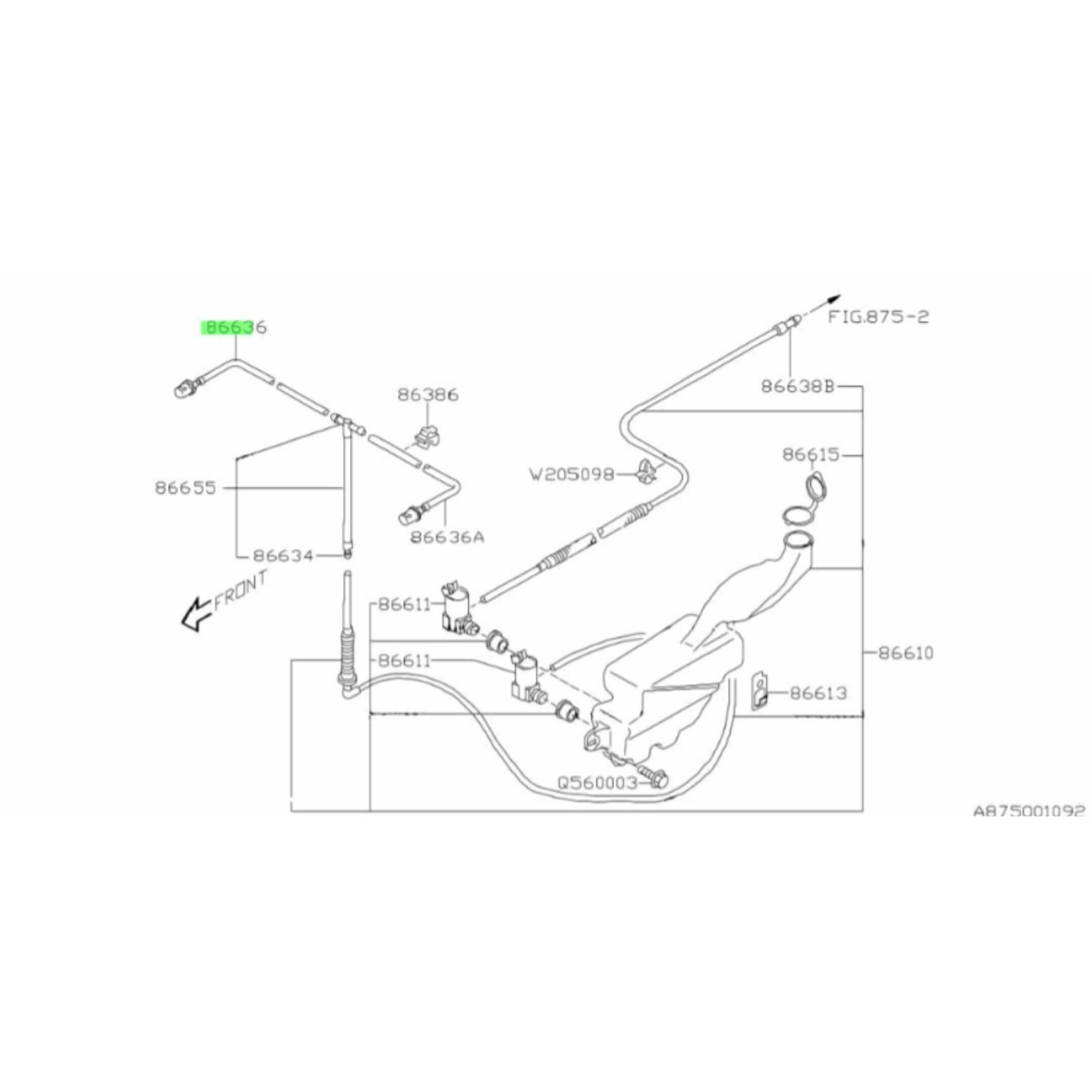 Windshield Washer Nozzle & Hose Assembly for Subaru Sambar Van TV1, TV2 Models (1999-2012) featuring detailed component diagram.