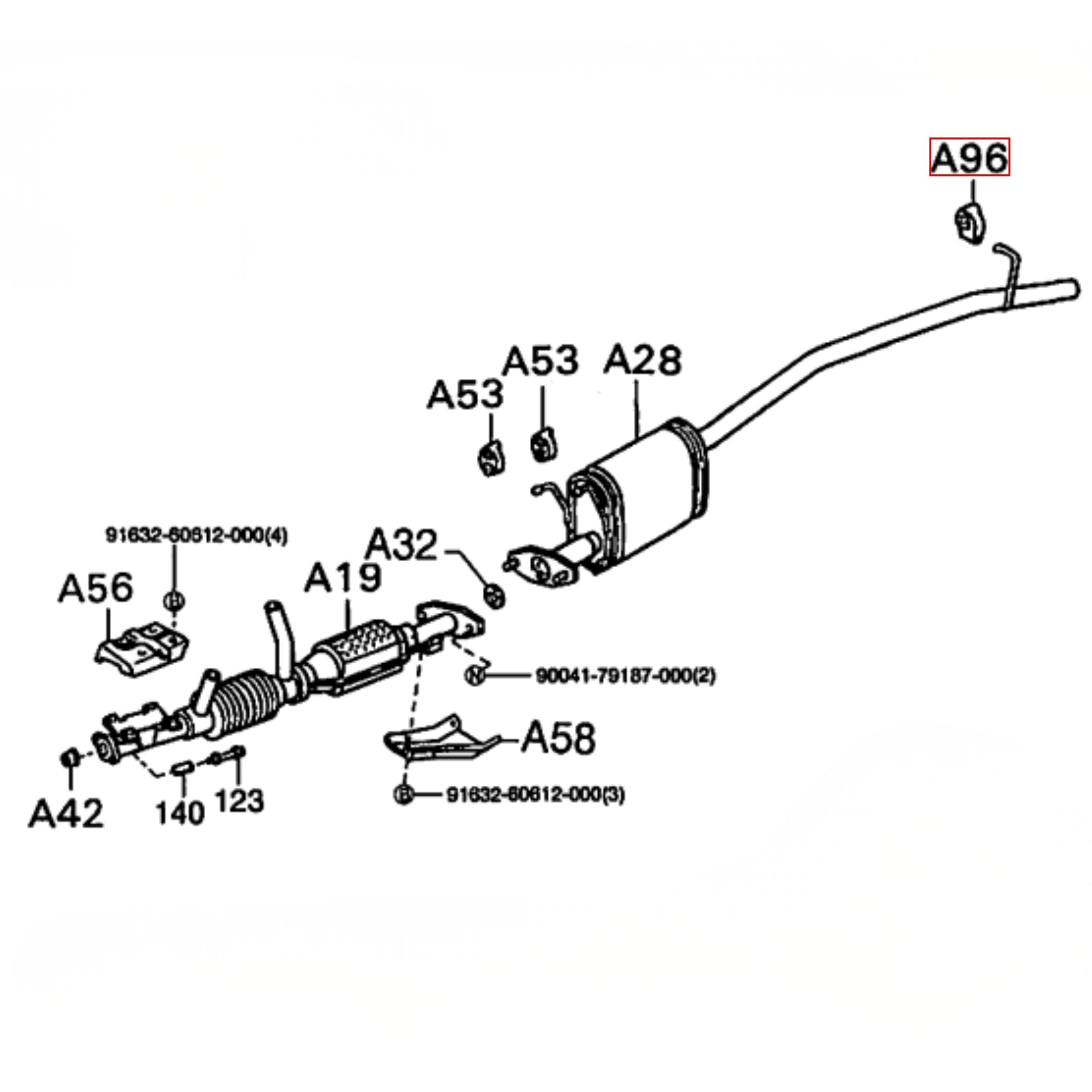 Exhaust Pipe Support Cushion No. 1 for Daihatsu Hijet S100-S130 models (1994-1998) featuring detailed assembly diagram.