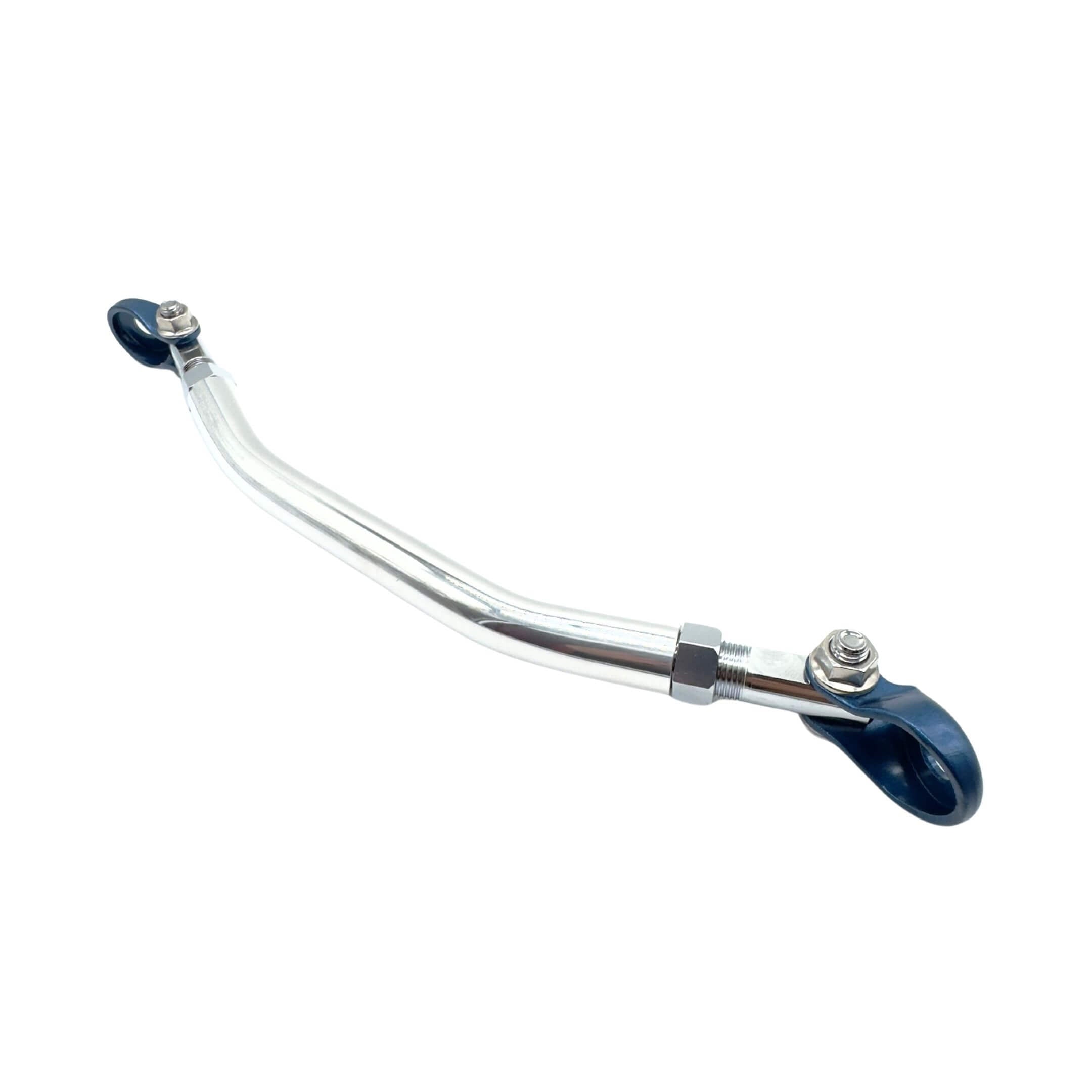 Front Lower Arm Bar by Kawai Manufacturing for Subaru Sambar Wagon TW1, TW2 Models (1999-2012) featuring a sleek metallic design with blue end fittings.