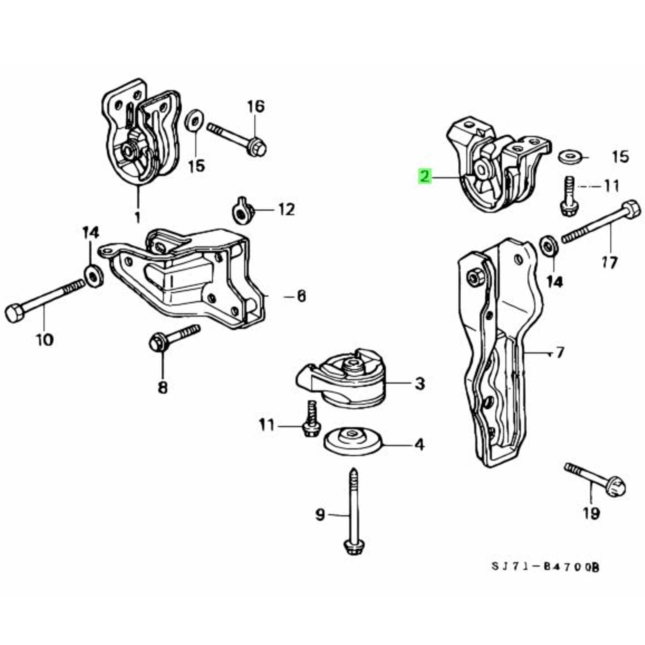 Rear engine mount for Honda Acty Truck, manual transmission, showing detailed parts and screws in a schematic layout