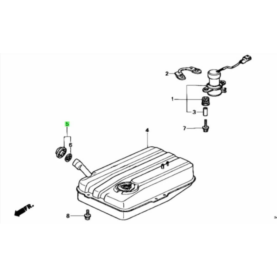 Honda parts diagram showing fuel tank and gas cap 17670-sj6-305 placement for Honda Acty Truck HA3, HA4 models 1990-1999.