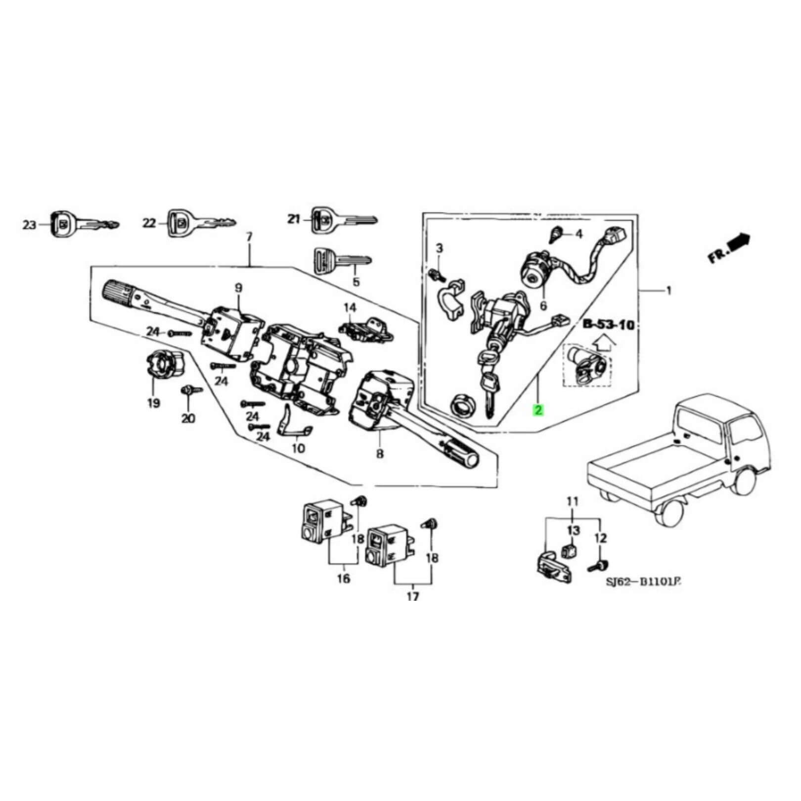 Honda parts diagram showing ignition cylinder and main switch assembly 35100-SJ6-X01 placement for Honda Acty Truck HA3, HA4 models 1996-1999.