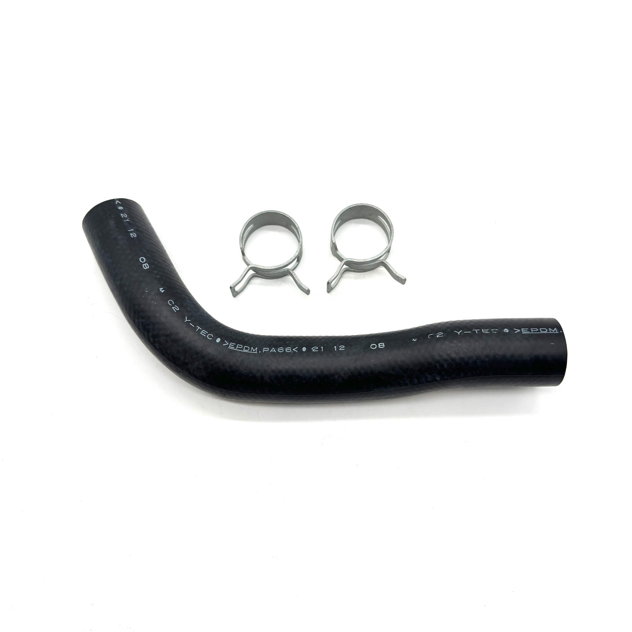 Radiator hose E for Honda Acty Truck, black rubber with two metal clamps, angled view on a white background