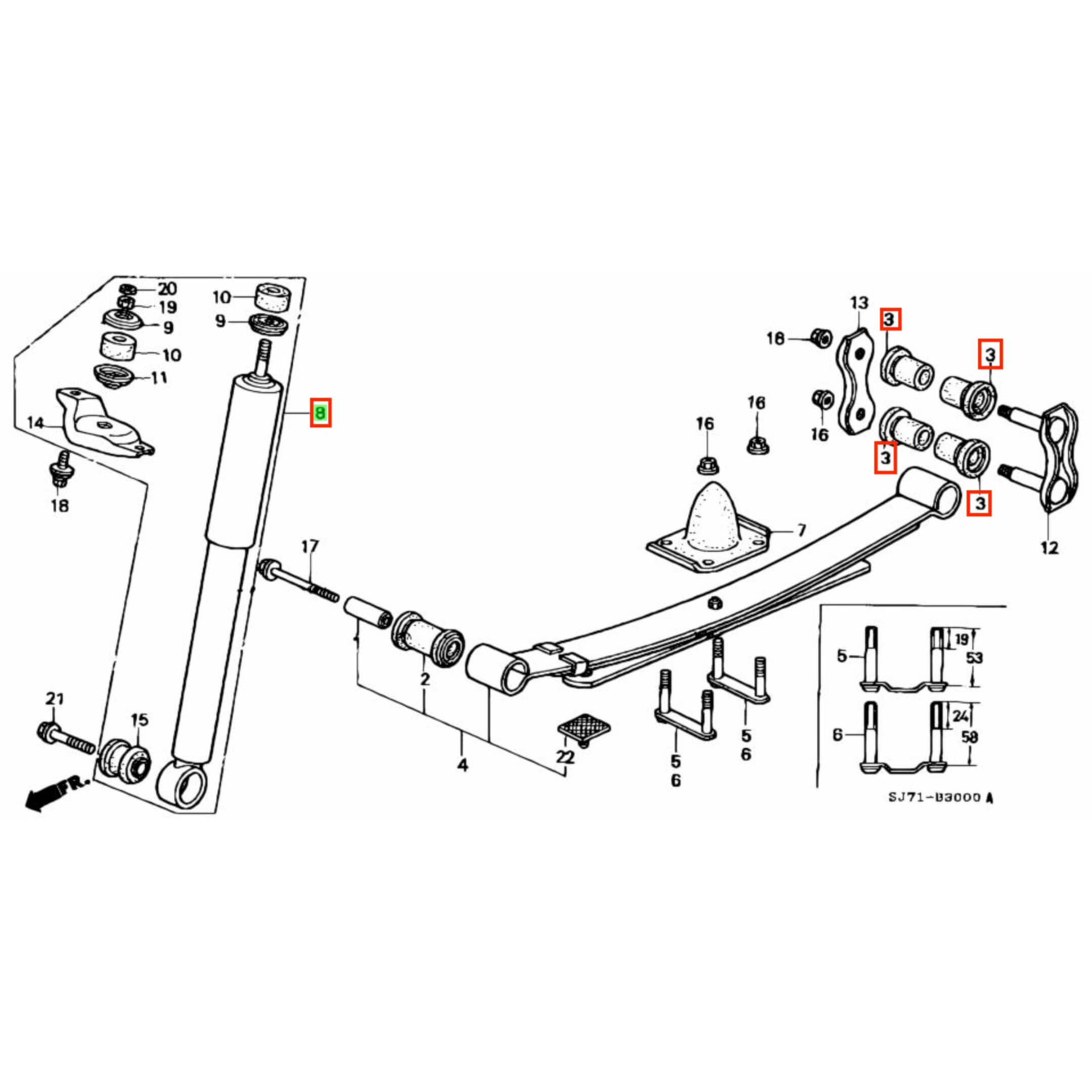 Rear suspension kit for Honda Acty Truck HA3, HA4 models, featuring 36 pieces including bushings and shocks, detailed diagram