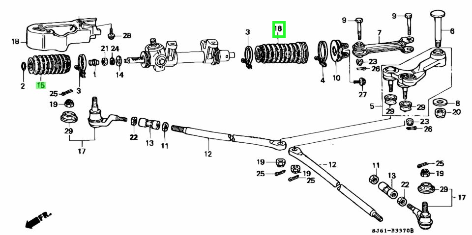 Steering Boot Set for Honda Acty Truck HA3, HA4, featuring detailed components in black against a white background
