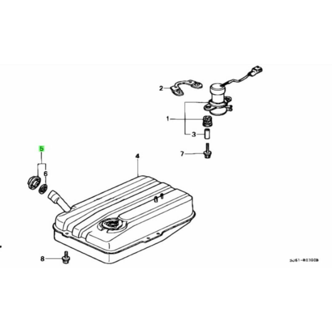 Honda parts diagram showing fuel tank and gas cap 17670-sj6-305 placement for Honda Acty Van HH3, HH4 models 1990-1999.