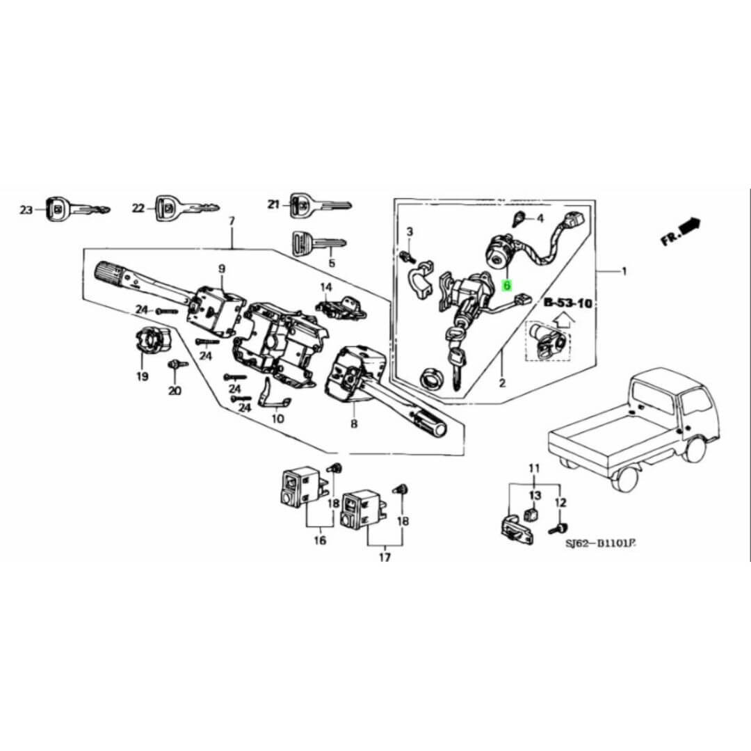 Honda parts diagram showing ignition main switch 35130-SJ6-910 placement for Honda Acty Van HH3, HH4 models 1996-1999.