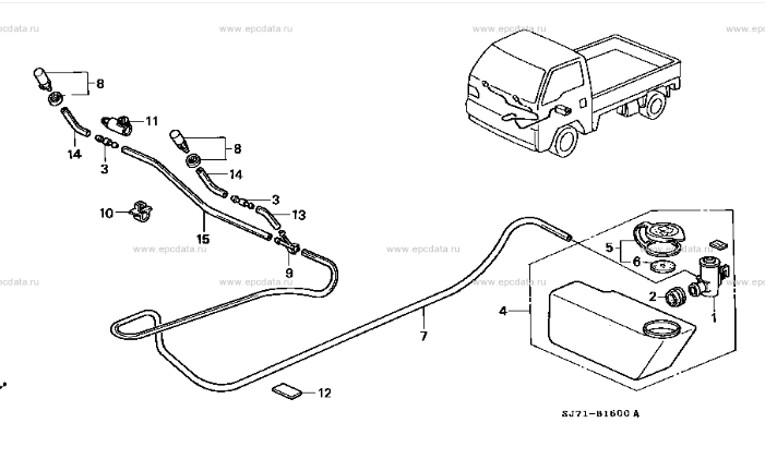 Washer pump motor for Honda Acty Truck HA3, HA4 models, featuring detailed schematic with labeled parts and connections