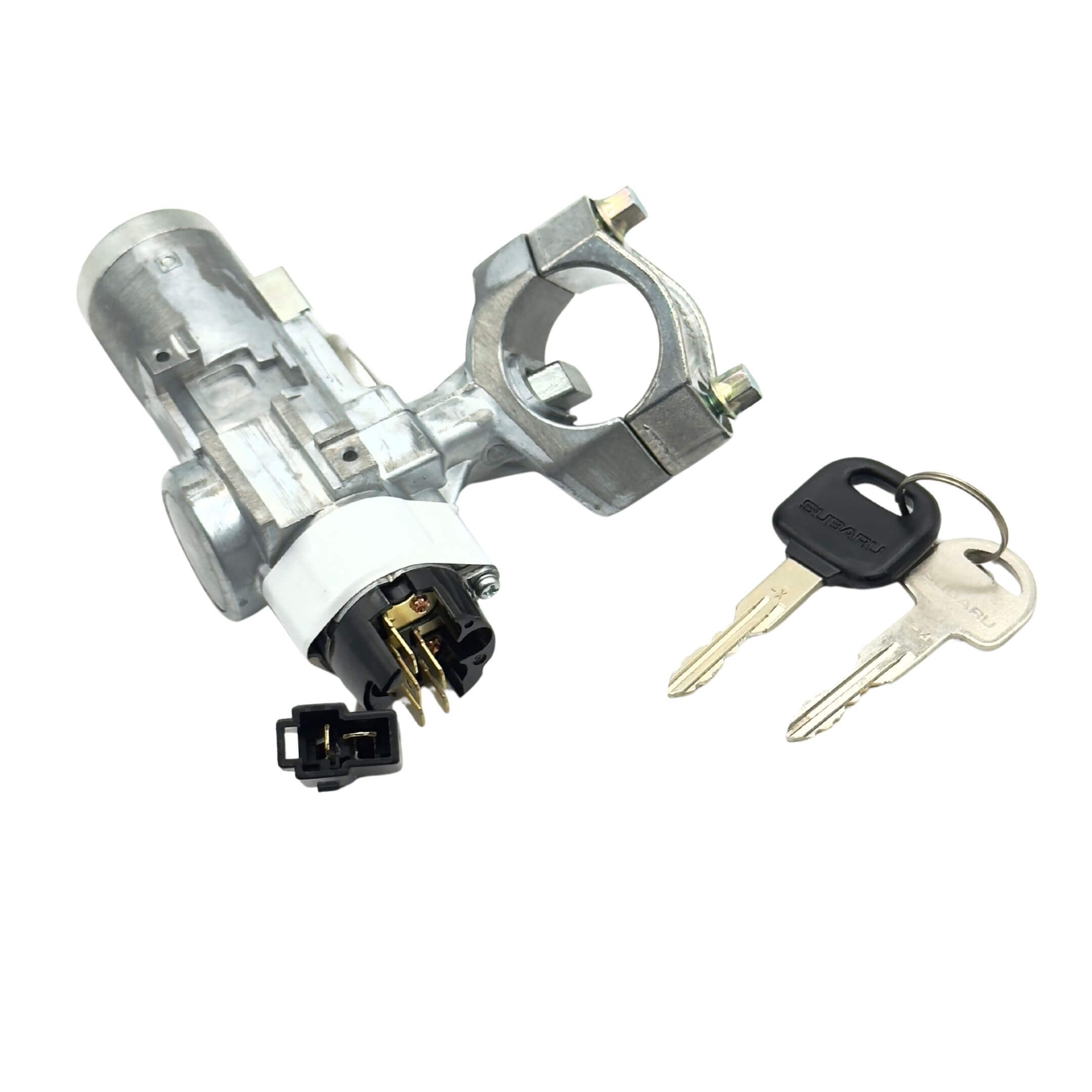 Ignition Switch & Steering Lock Assembly for Subaru Sambar Wagon TW1, TW2 Models (1999-2012) featuring a metal body and two keys.