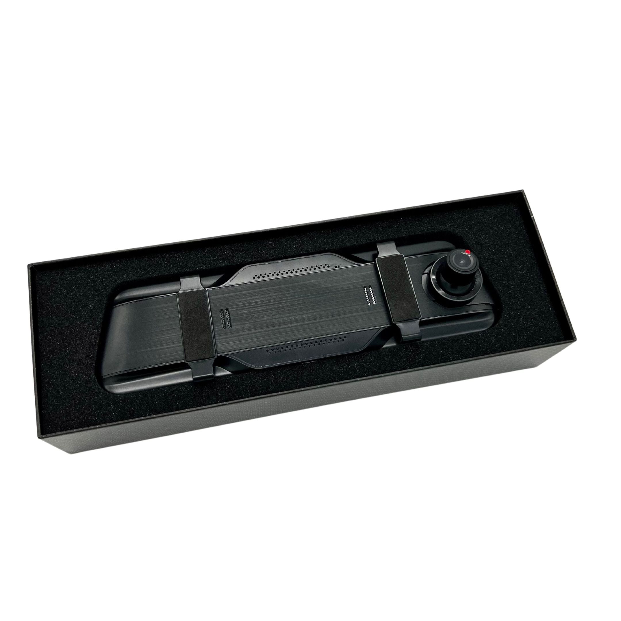 Back of mirror DVR showing adjustable front camera lens and strap mounts.