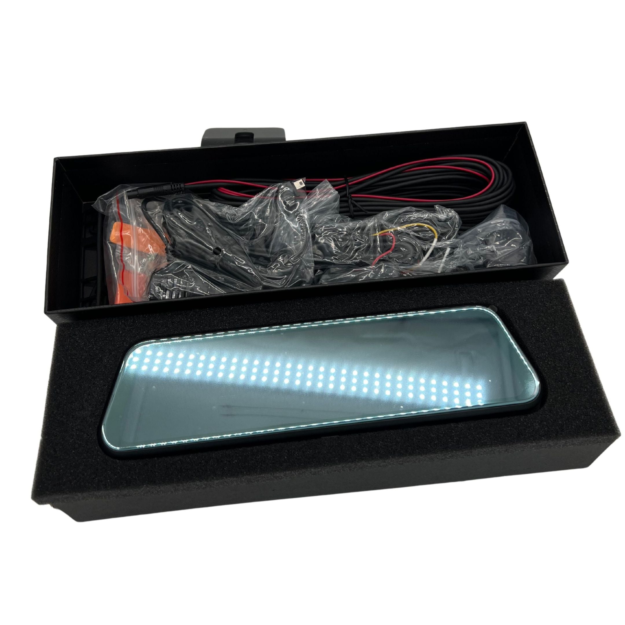 10-inch glass touchscreen mirror dash cam nested in protective foam—Oiwa Garage.