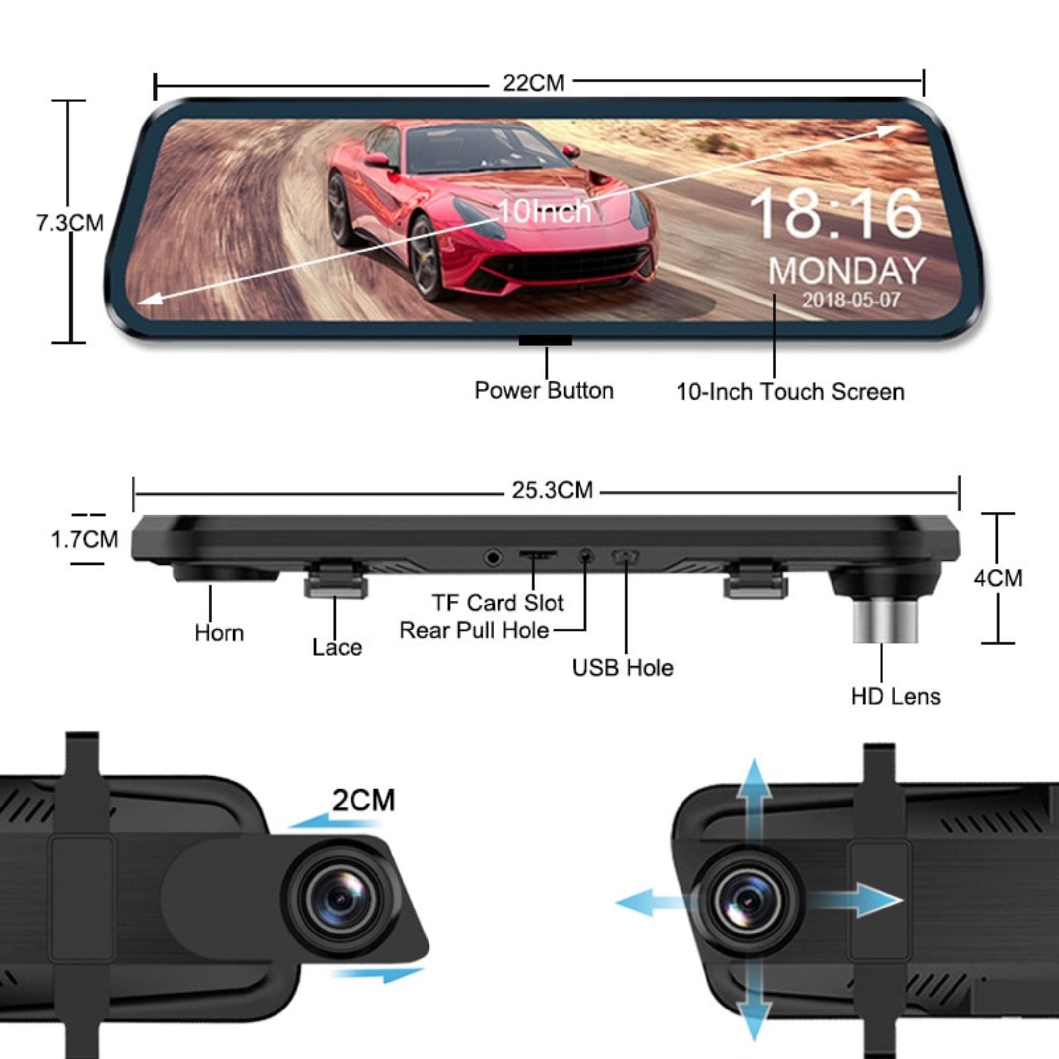 Swipe gestures on touchscreen mirror dash cam to adjust brightness and field of view.