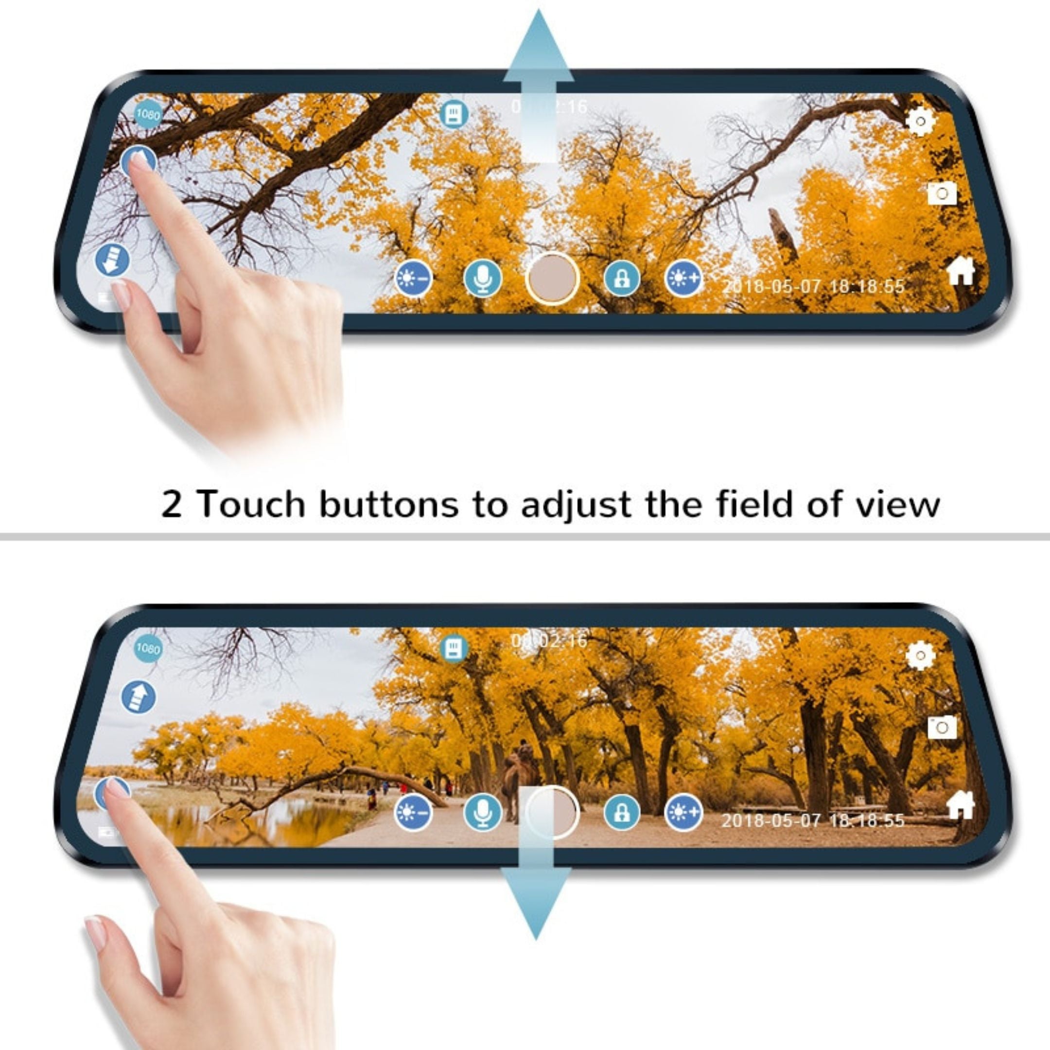 Swipe gestures on touchscreen mirror dash cam to adjust brightness and field of view.