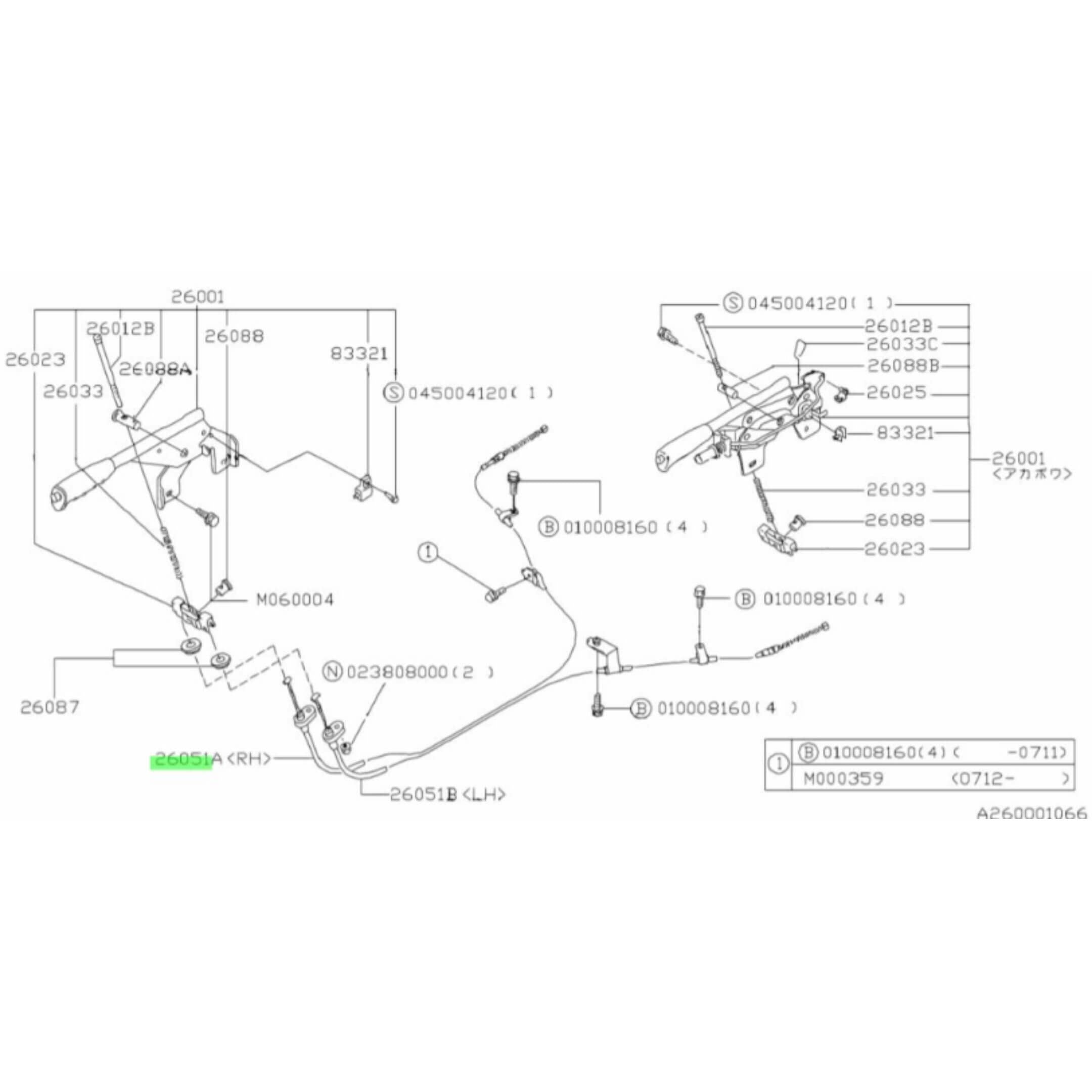 Parking Brake Cable - Right Side for Subaru Sambar Truck TT1 TT2 Models (1999-2012) with detailed schematic diagram.