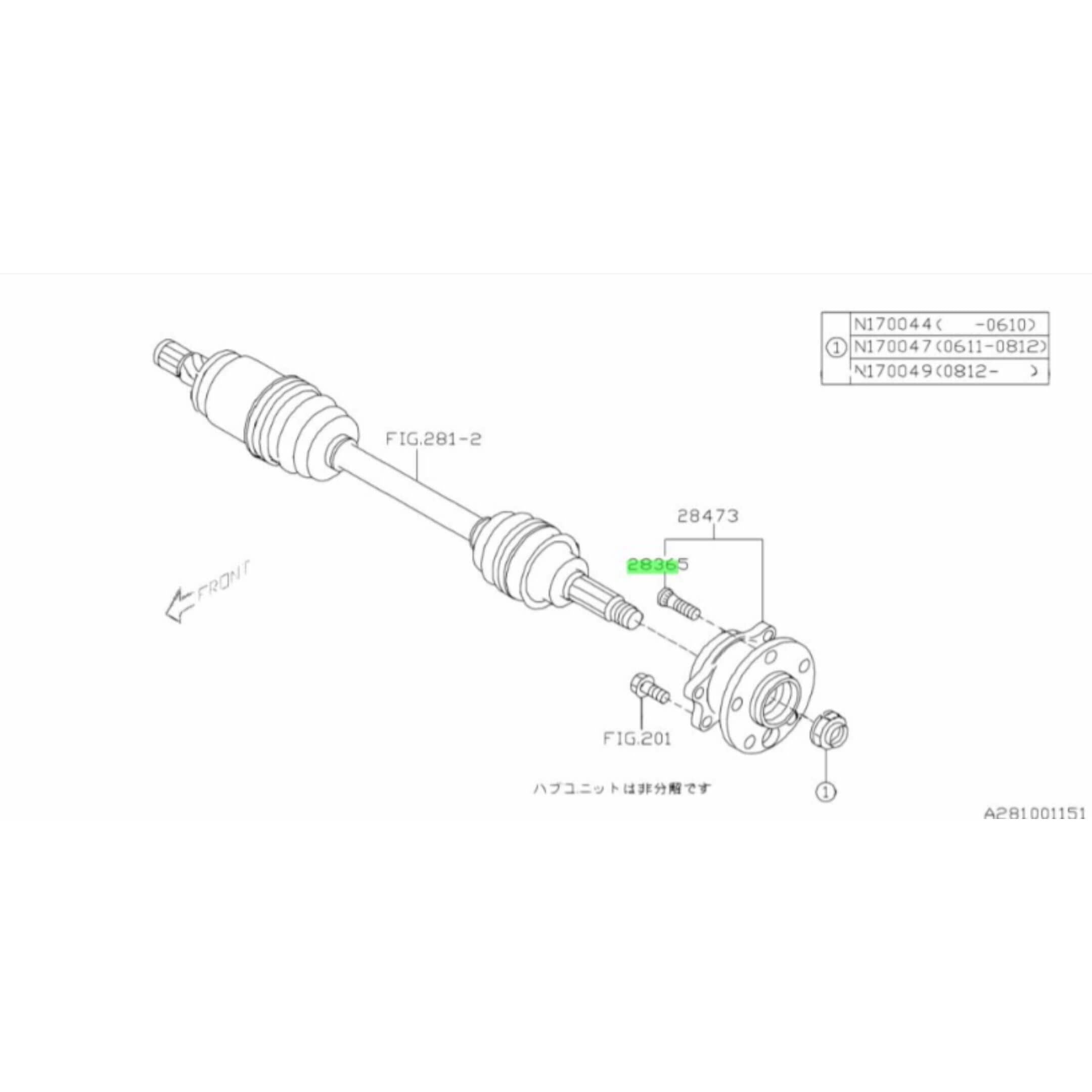 Hub Bolts / Wheel Studs for Subaru Sambar Wagon TW1, TW2 Models (1999-2012) featuring detailed assembly diagram.
