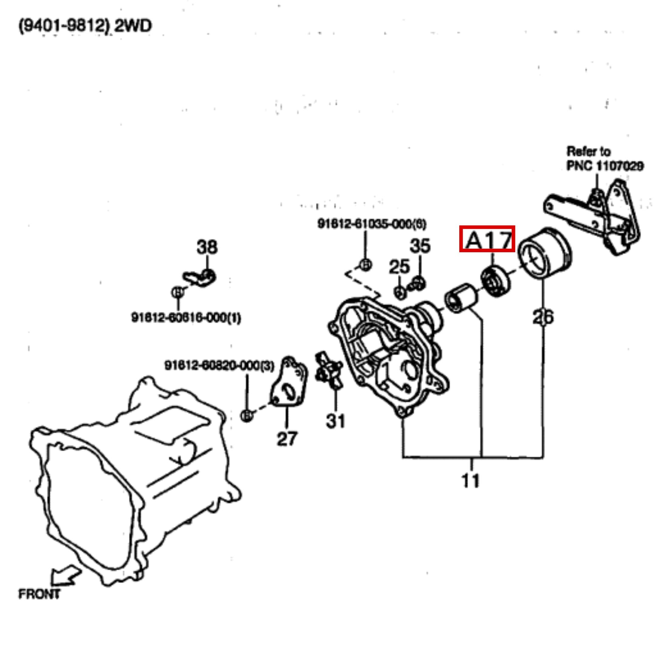 Rear Output Shaft/Extension Housing Oil Seal for Manual Transmission, compatible with 2WD Daihatsu Hijet S100, S120, S140 models from 1994-1998, depicted in an exploded view diagram.