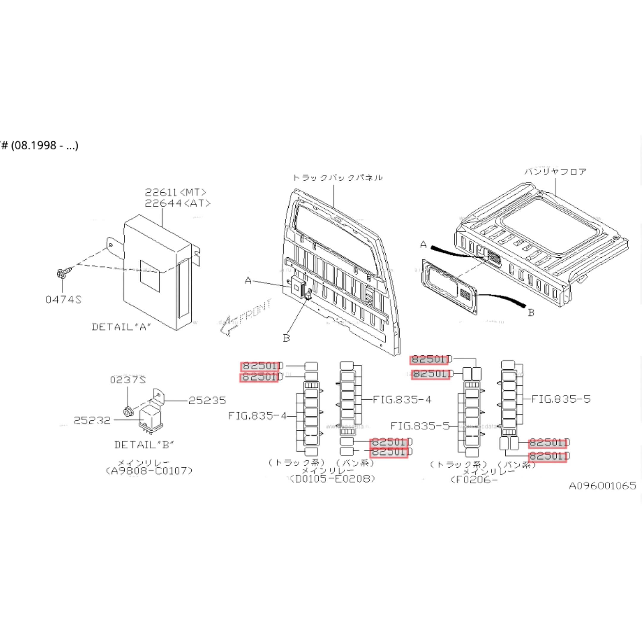 Relay Assembly for Subaru Sambar Truck TT1, TT2 Models (1999-2012) featuring detailed schematic and part numbers.