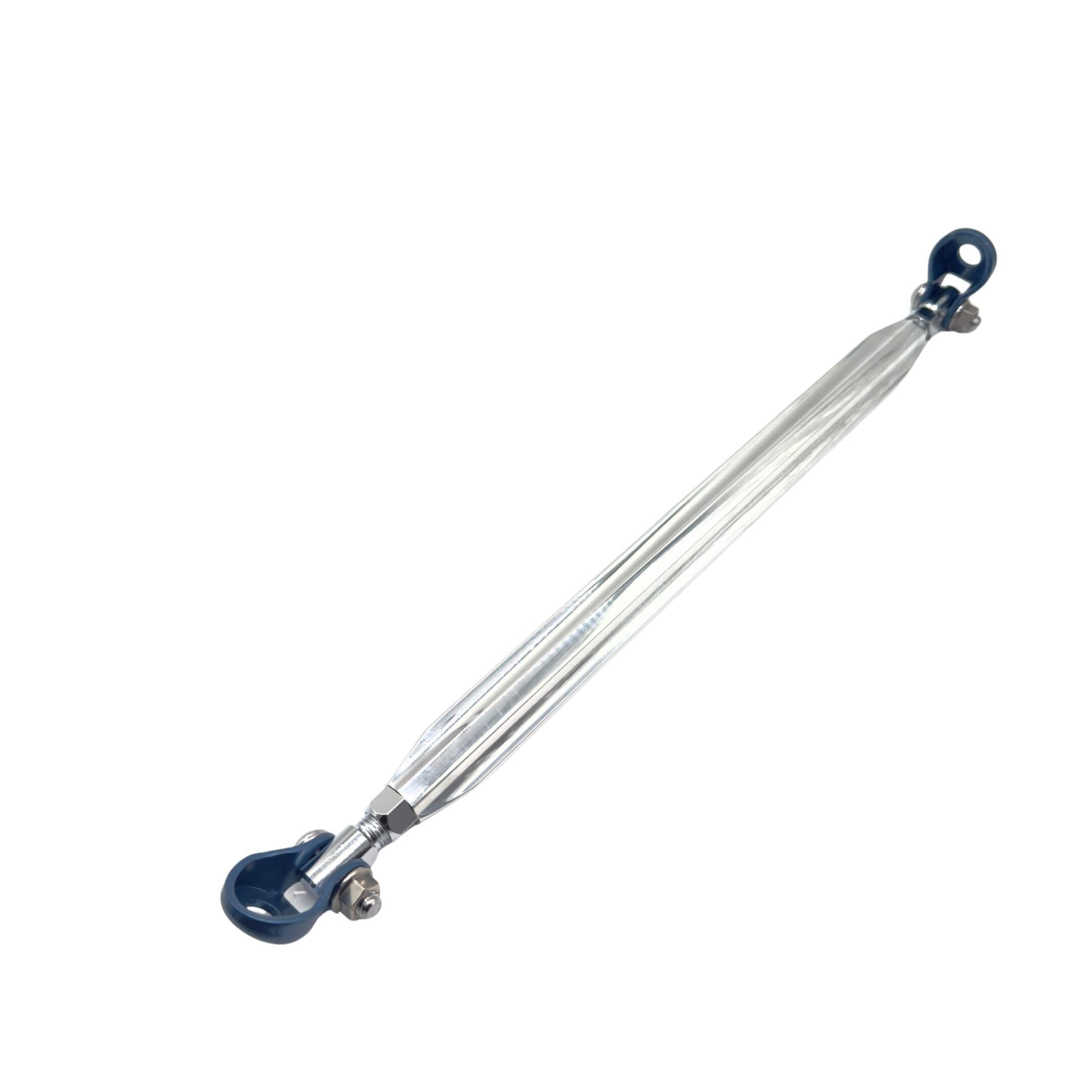 Front Lower Arm Bar by Kawai Manufacturing for Honda Acty Truck HA8, HA9 Models (2009-2022) featuring a sleek metallic design with blue end fittings.